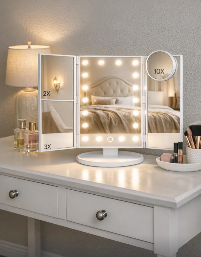 HUONUL Makeup Mirror, Vanity Mirror with Lights, 2X/3X/10X Magnification, Touch Control, Trifold, Dual Power Supply, Birthday Gifts for Women, Wife, Mom, Girls, Dorm Room Essentials customer photo 2