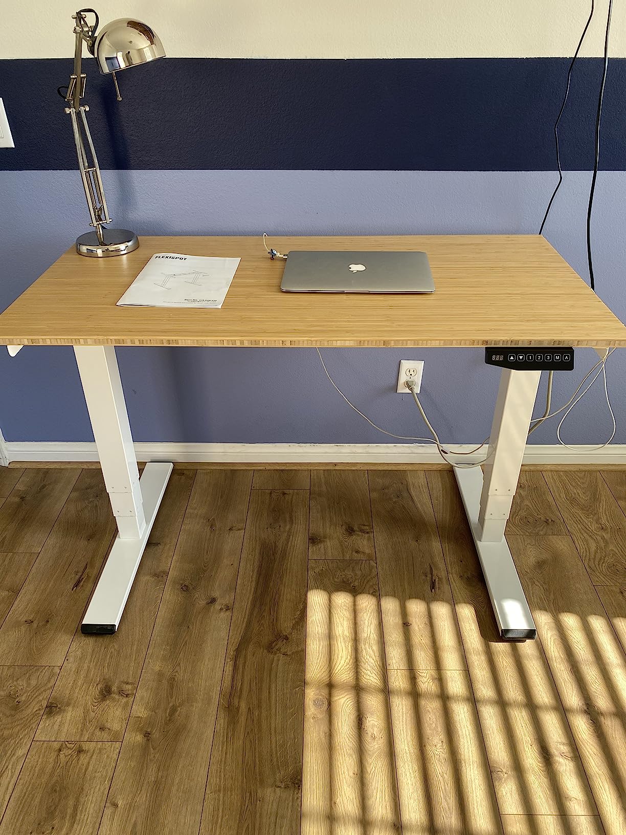 SANODESK 55 Inch 3 Stage Bamboo Electric Standing Desk, Dual Motor Height Adjustable Desk, Whole-Piece Desktop Sit to Stand Home Office Desk (Black Frame/ 55