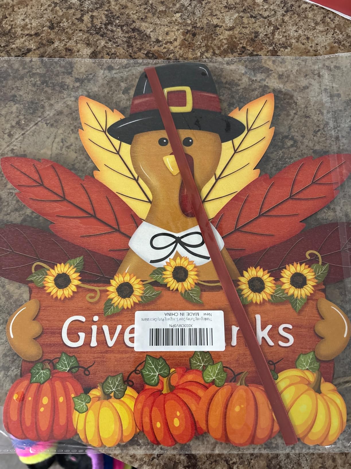 Thanksgiving Turkey Door Sign Decor, Wooden Wreath for Front Door Hanger, Yard Farmhouse Home Gobble Sign Give Thanks, Rustic Autumn Harvest Sunflowers Pumpkins Thanksgiving Party Decorations customer photo 2