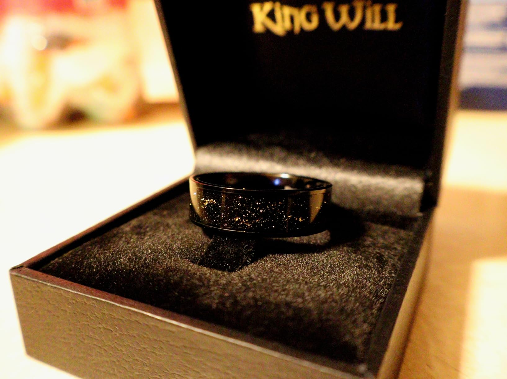 Mens Wedding Band with Foils Inlay, Black/Silver/Gold Beveled Edge Glowstone Ring, 6mm/8mm Tungsten Carbide Rings Comfort Fit customer photo 1