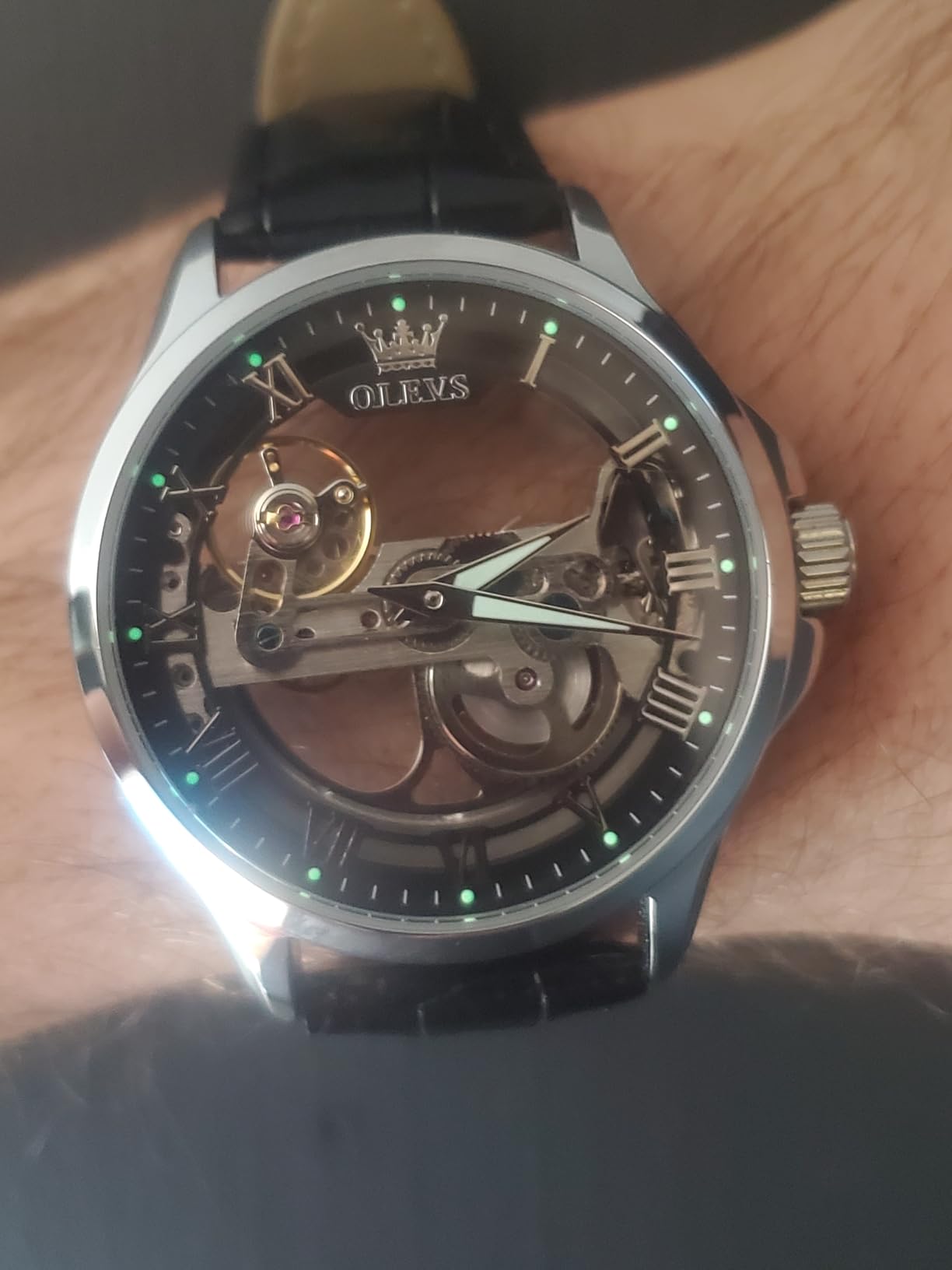 OLEVS Skeleton Watches for Men Automatic Self Winding Mechanical Luxury Dress Leather Waterproof Luminous Men Wrist Watch customer photo 2