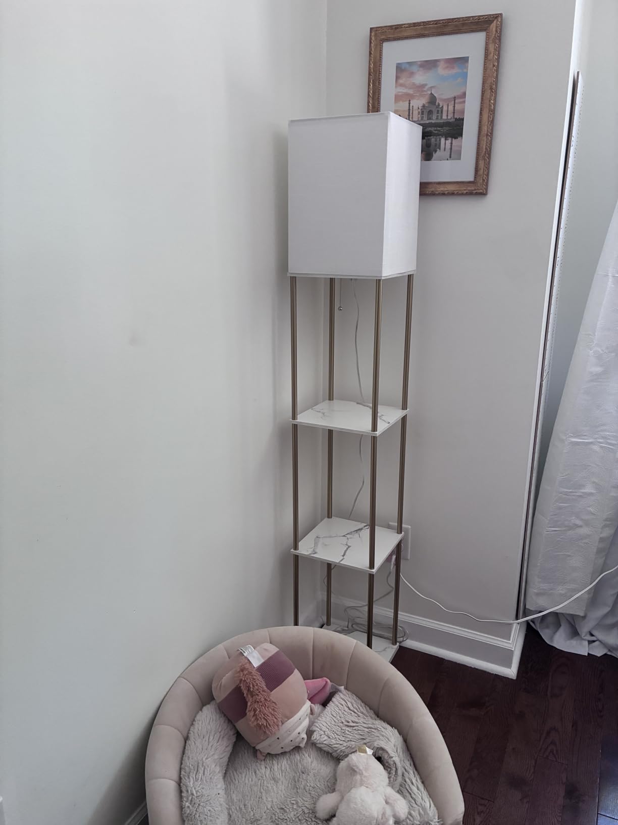 Floor Lamp with Shelves for Living Room, Shelf Floor Lamp with 3 CCT LED Bulb, Corner Display Standing Column Lamp Etagere Organizer Tower Nightstand with White Linen Shade for Bedroom, Office customer photo 1