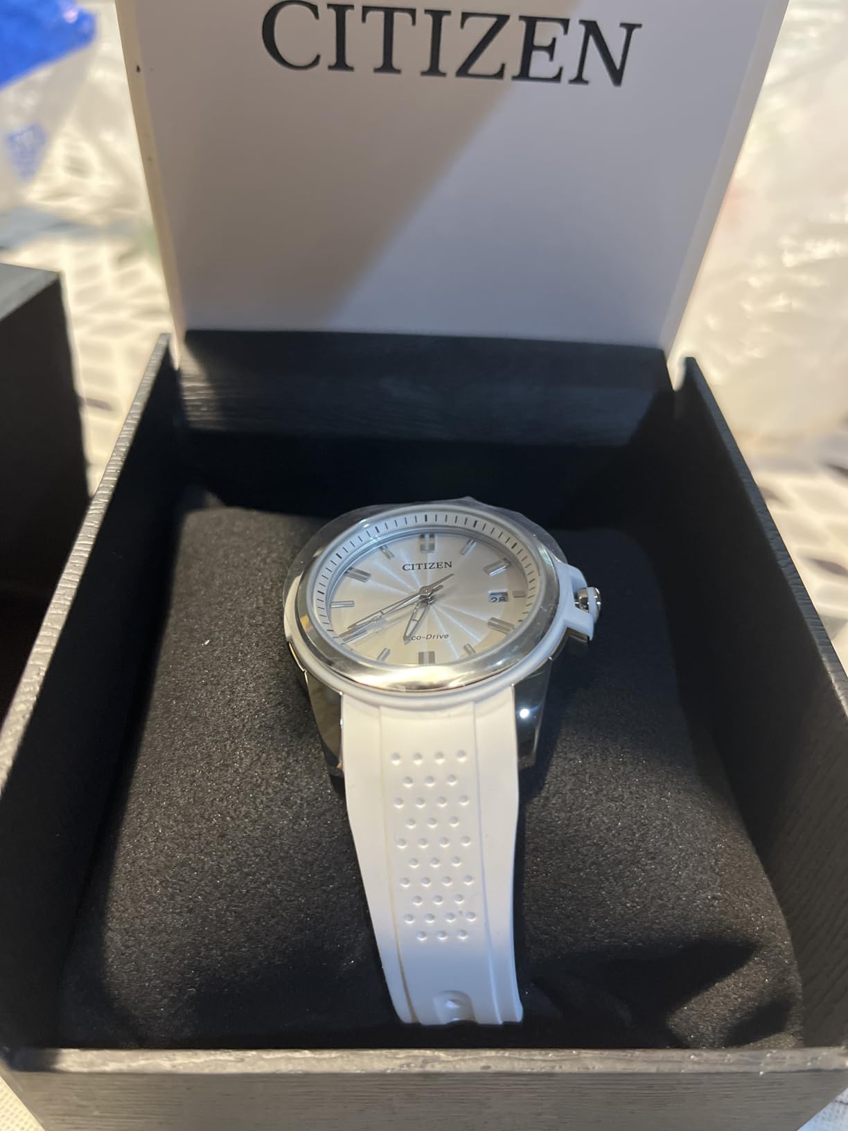 Citizen Ladies' Eco-Drive Classic Silver Stainless Steel 3 Hand Watch with White Rubber Strap (Model: FE6131-04A) customer photo 1