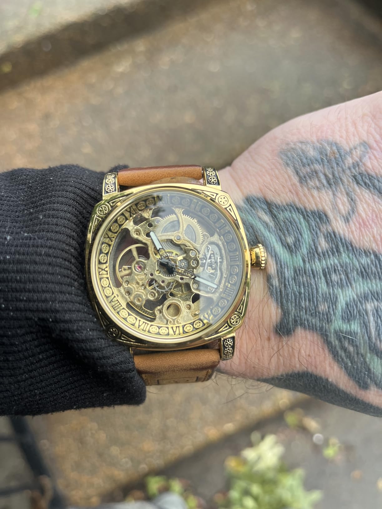 Watches for Man, Square Retro Mechanical Watch Self-Wind Carved, Skeleton Automatic Watches Vintage Leather Strap Wristwatch customer photo 1