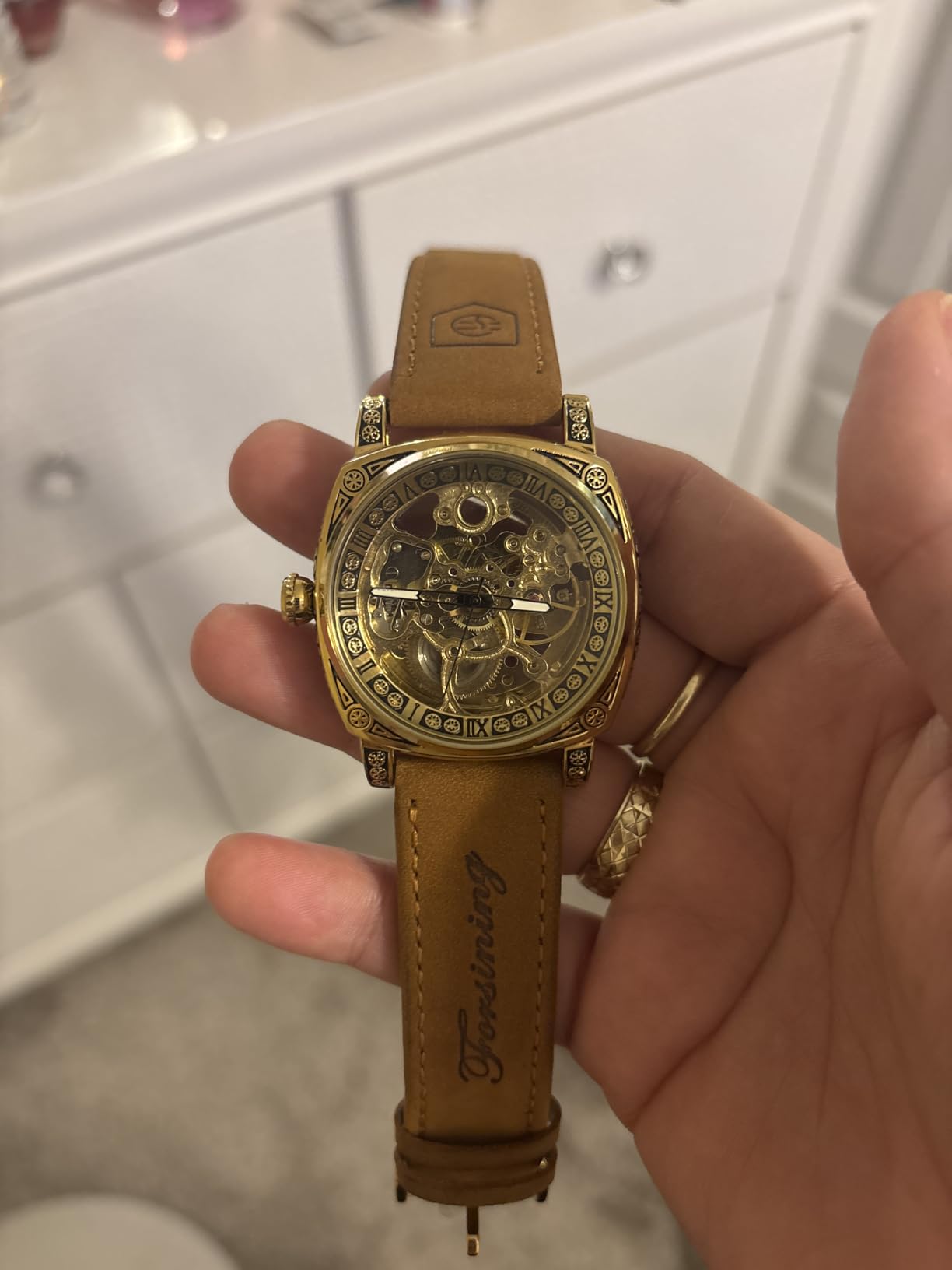 Watches for Man, Square Retro Mechanical Watch Self-Wind Carved, Skeleton Automatic Watches Vintage Leather Strap Wristwatch customer photo 2