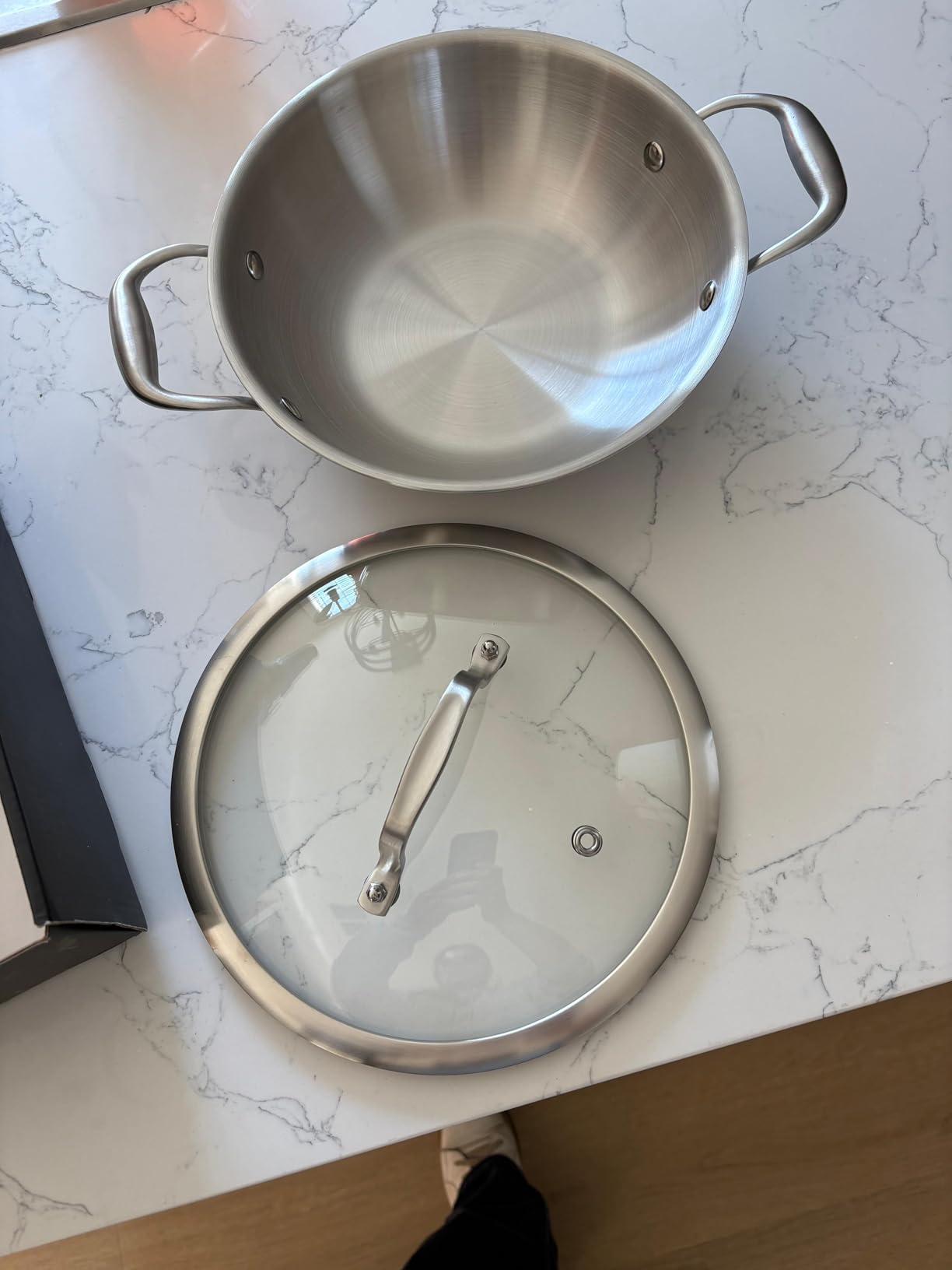 Inqibee 12 Inch Stainless Steel Paella Pan with Lid, Large Frying Pan Skillet with Double Riveted Handles, Wide Shallow Paellera for Stovetop, Induction Compatible, Oven Safe, Dishwasher Safe customer photo 1