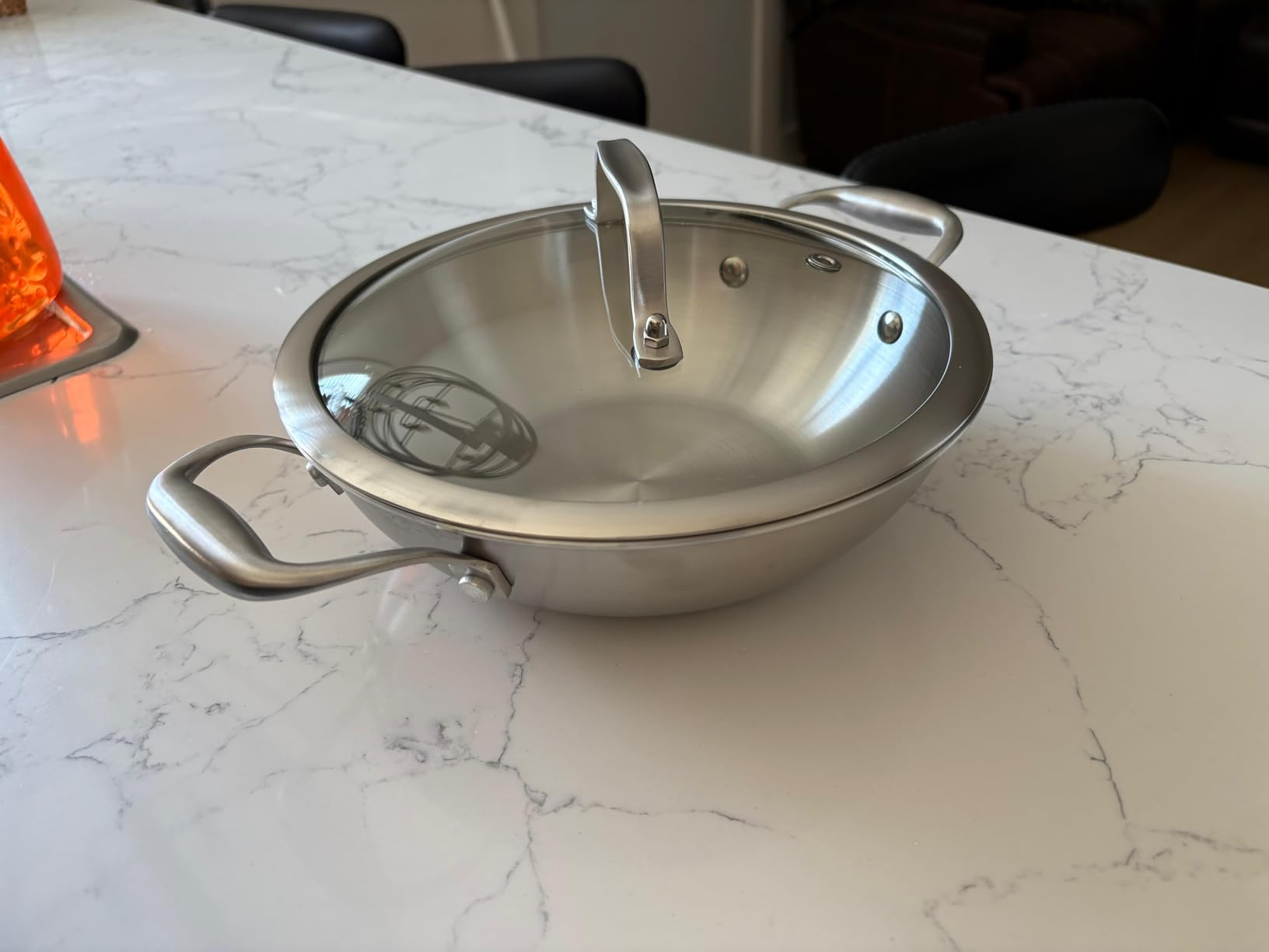 Inqibee 12 Inch Stainless Steel Paella Pan with Lid, Large Frying Pan Skillet with Double Riveted Handles, Wide Shallow Paellera for Stovetop, Induction Compatible, Oven Safe, Dishwasher Safe customer photo 2