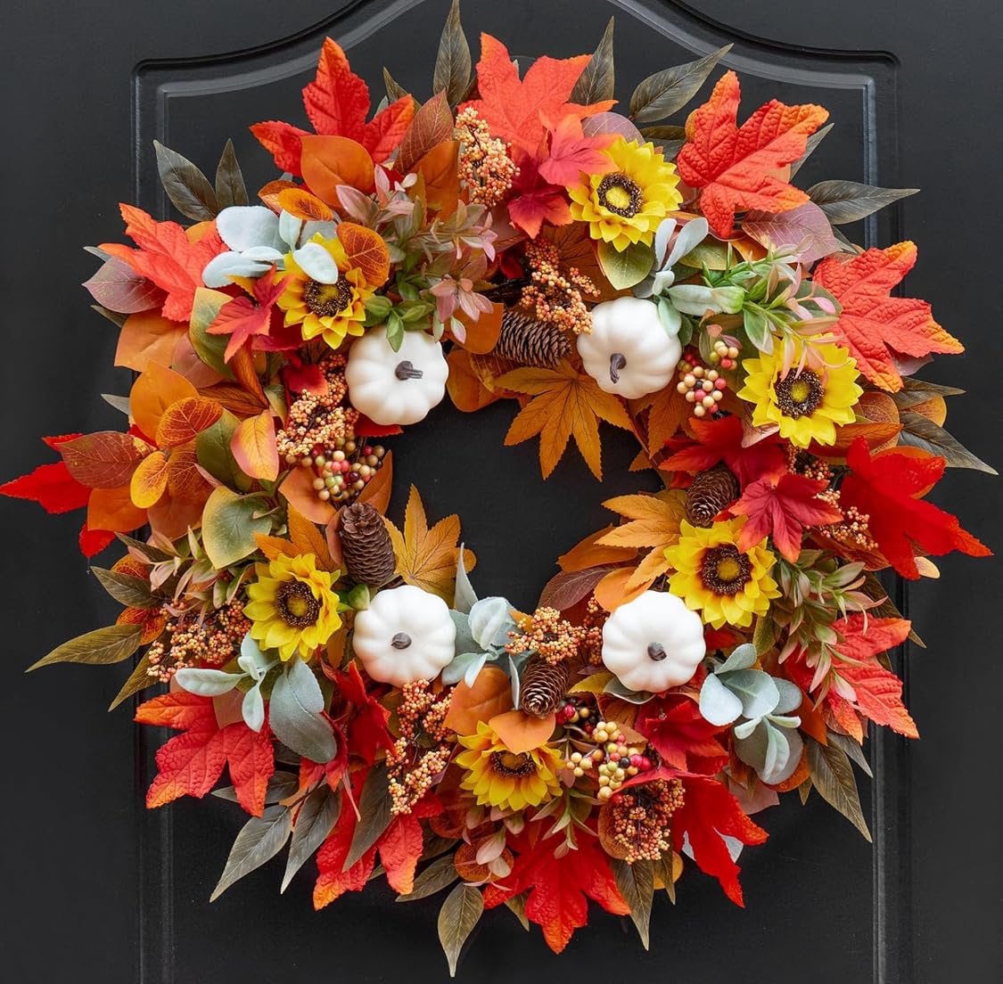 Pinkpuii Fall Wreaths for Front Door Outside - 24 Inch Autumn Wreath with Red Maple Leaves, White Pumpkins, Yellow Wildflowers, Pinecones & Berries - Thanksgiving Farmhouse Door Decor for Indoor Outdoor Use customer photo 1