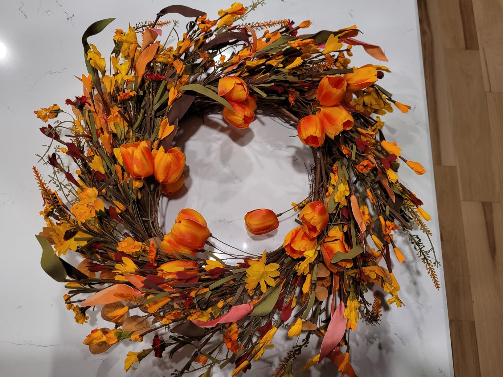 LLZLL Fall Wreaths 20 Inch Fall Wreath for Front Door Orange Artificial Thanksgiving Wreath with Forsythia Flower for Autumn Thanksgiving Home Decorations customer photo 2