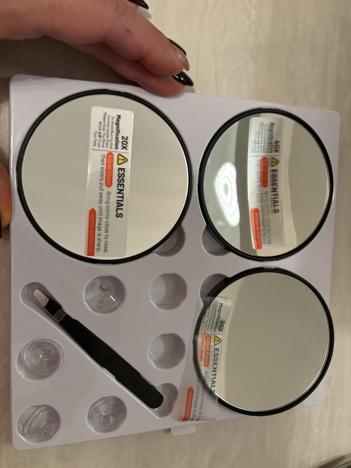 Macaki 20X/30X/40X Magnifying Mirror with Suction Cups and Tweezers Set, 3.5 inches Travel Magnified Makeup Mirror, Black, 3PCS customer photo 1