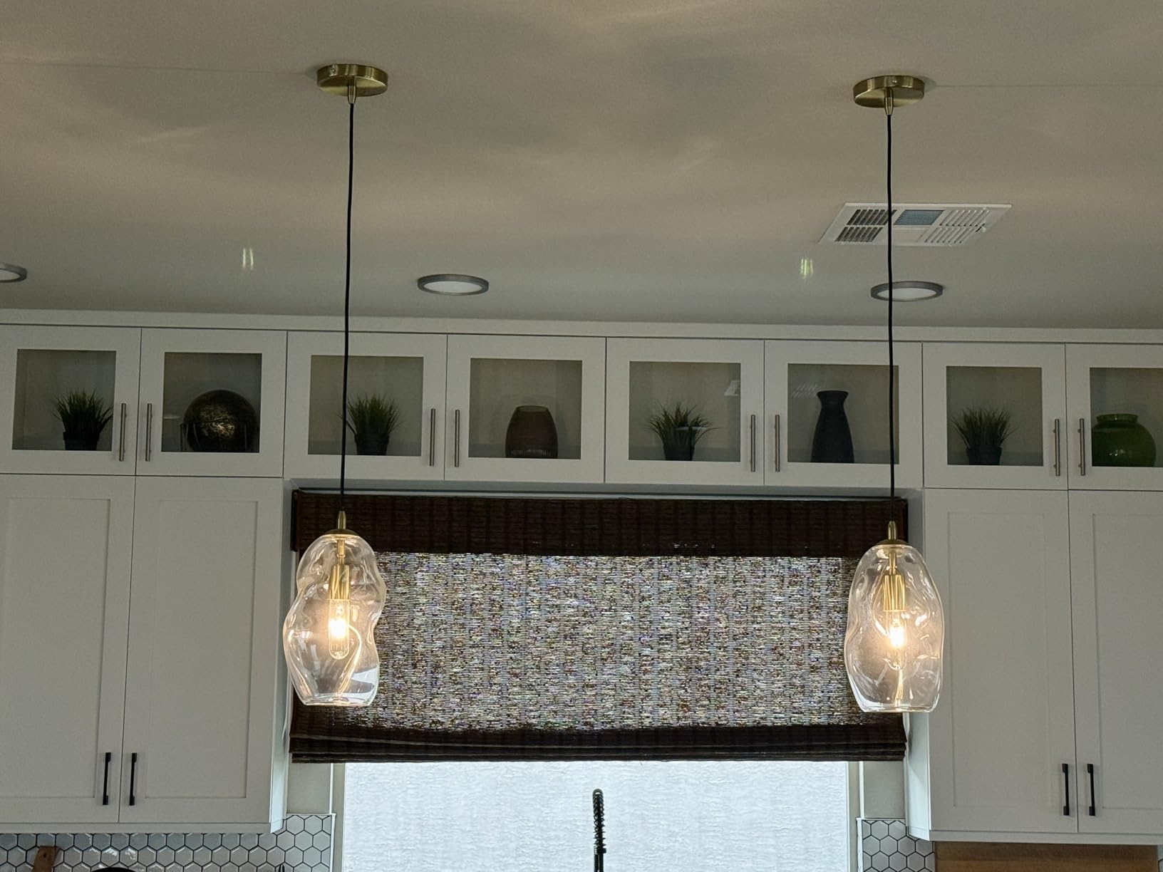 CASAMOTION Modern Pendant Lights Kitchen Island Large Gold Hanging Light Fixtures for Dining Table Blown Art Glass Clear Organic Globe Bedroom Foyer Entryway Hallway Lamp 12 Inch 1 Pack customer photo 1