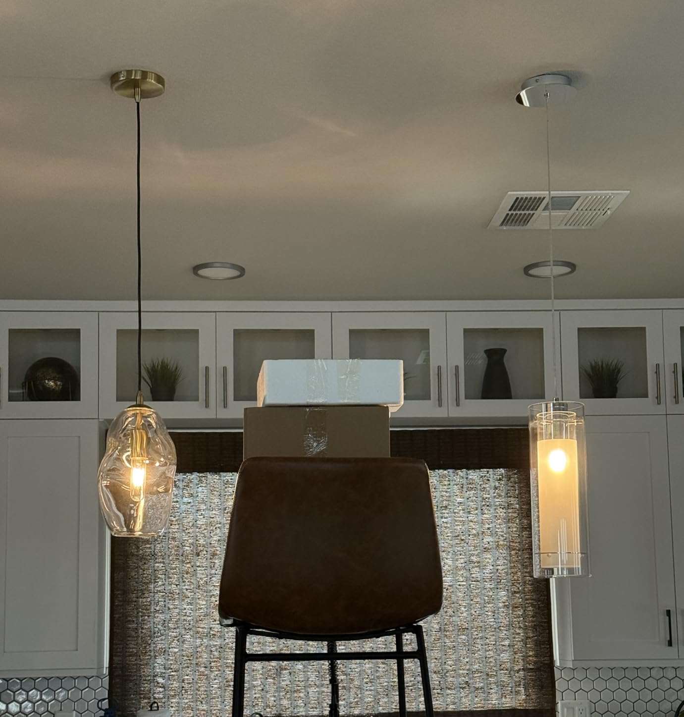 CASAMOTION Modern Pendant Lights Kitchen Island Large Gold Hanging Light Fixtures for Dining Table Blown Art Glass Clear Organic Globe Bedroom Foyer Entryway Hallway Lamp 12 Inch 1 Pack customer photo 2