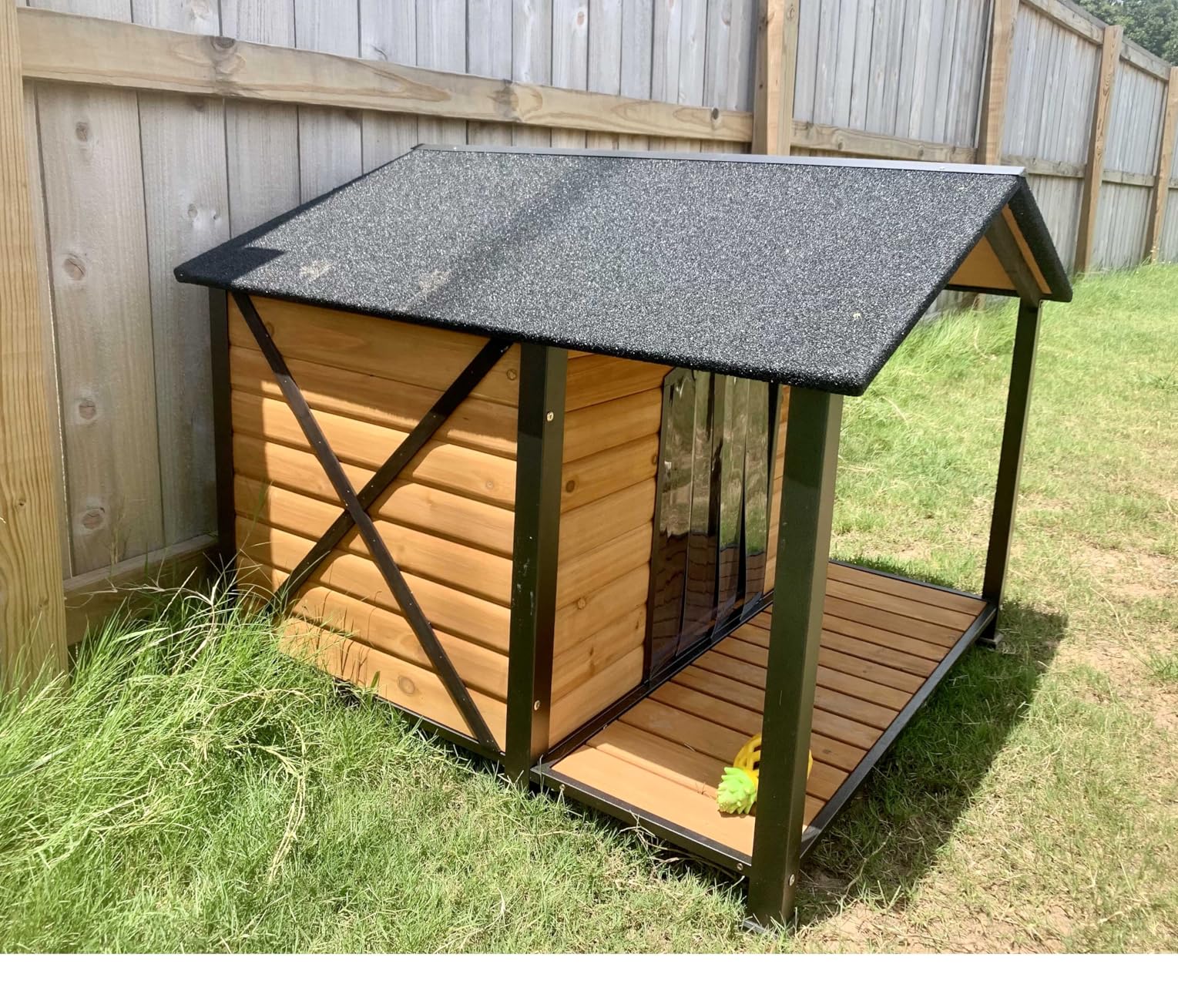 Heated Dog House Outdoor with Insulated Liner, Weatherproof Wooden Dog Shelter for Medium and Large Sized Dogs, Iron Frame Indoor Outdoor Kennel, Pets Warm House in Winter with Large Porch (Brown, L) customer photo 1