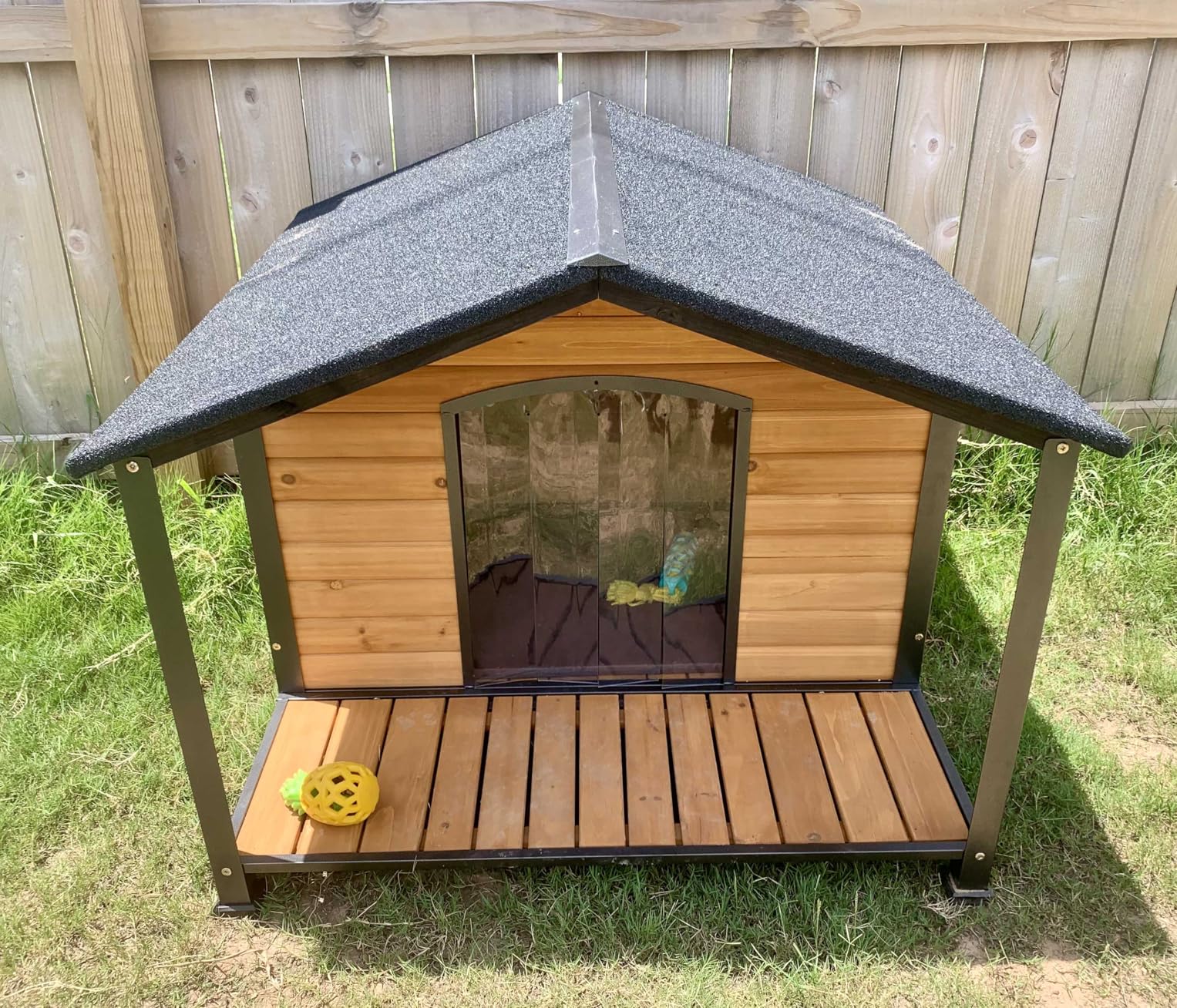 Heated Dog House Outdoor with Insulated Liner, Weatherproof Wooden Dog Shelter for Medium and Large Sized Dogs, Iron Frame Indoor Outdoor Kennel, Pets Warm House in Winter with Large Porch (Brown, L) customer photo 2