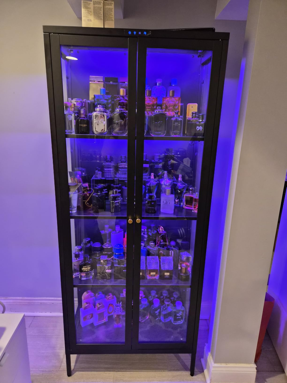 UNICOLY Glass Display Cabinet 4-Tier, Display Cabinet with Glass Doors, Curio Cabinet with Tempered Glasses Doors, Metal Storage Cabinets for Living Room, Plant, Assembly Required, Black customer photo 1