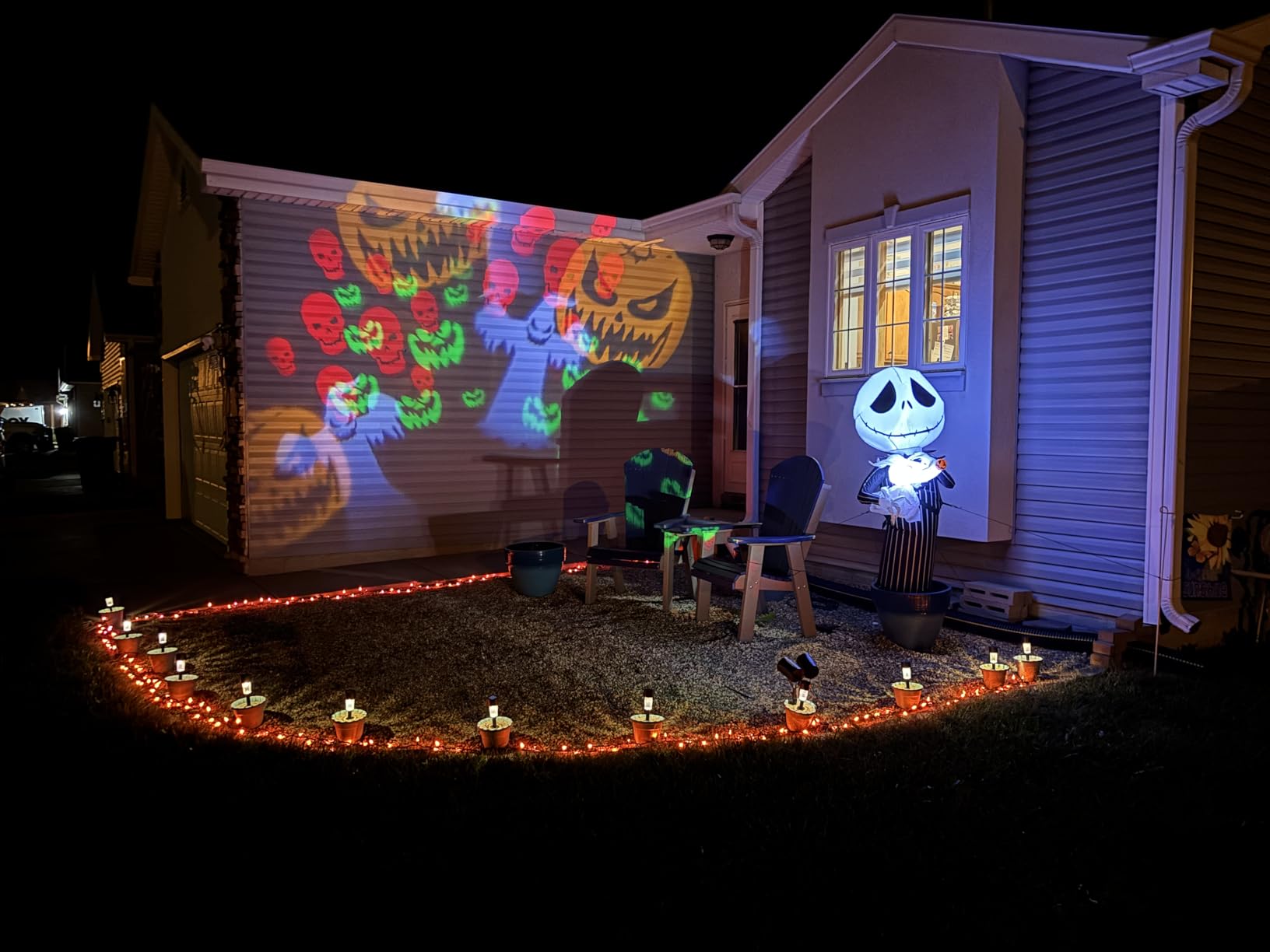 Upgraded Halloween Projector Lights Outdoor, Double Head Dynamic Projector Lights Indoor, 360 Degree Rotating Waterproof Pumpkin Ghost Skeleton Bats Projection Light for Yard Window Party Decor customer photo 1