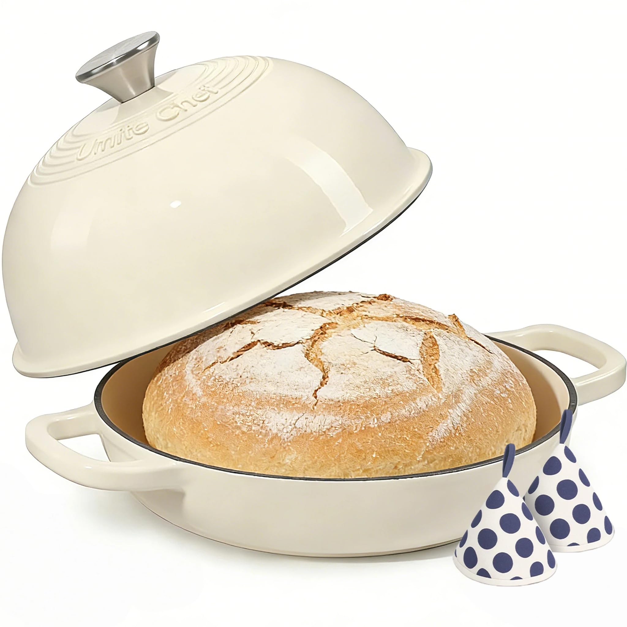 Enameled Round Cast Iron Bread Oven, 6 Qt Cast Iron Dutch Oven for Homemade Sourdough Bread Baking, Bread Pot with Dome Lid & Cotton Potholders (Cream White) customer photo 1