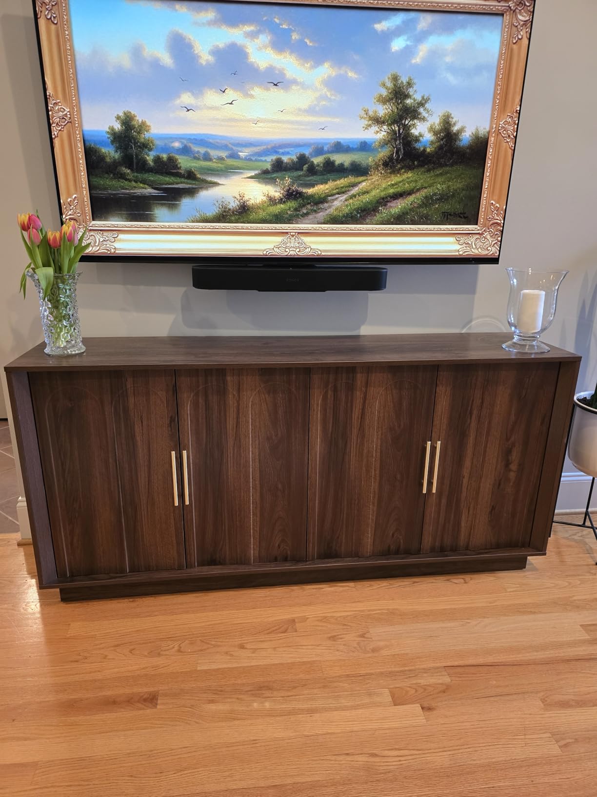 FORTUNETEC Sideboard Buffet Cabinet with Storage, Mid Century Modern Accent Cabinet with Arched Doors, Modular Media Console, Minimalist Credenza for Living Room Kitchen Dining Room Entryway, Walnut customer photo 1