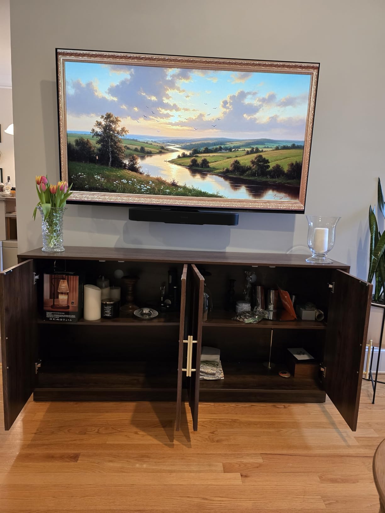 FORTUNETEC Sideboard Buffet Cabinet with Storage, Mid Century Modern Accent Cabinet with Arched Doors, Modular Media Console, Minimalist Credenza for Living Room Kitchen Dining Room Entryway, Walnut customer photo 2