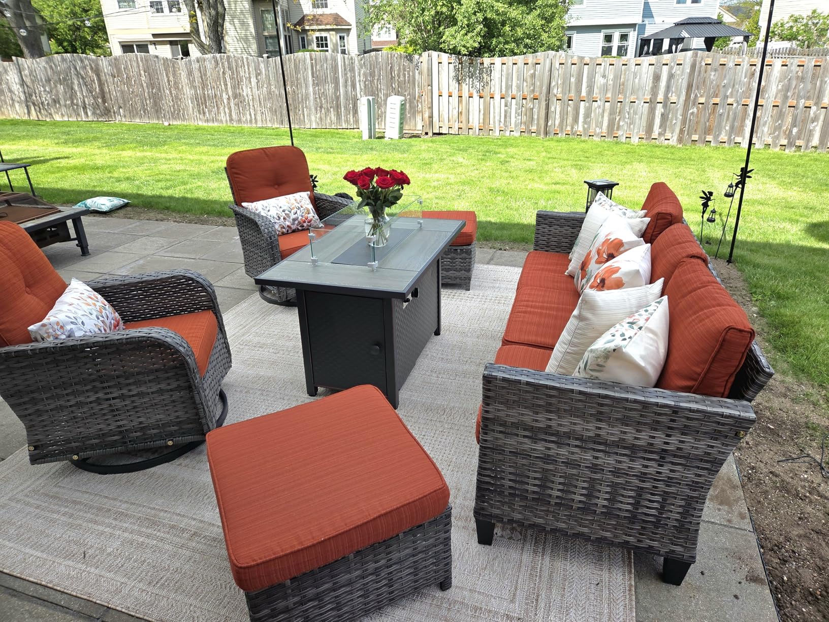 ovios 6 Pieces Patio Furniture Set, Outdoor Wicker Sofa Couch with Rocking Swivel Chairs Comfy Cushions, Modern Deep Seat Rattan Conversation Sets for Deck Porch, Denim Blue customer photo 1