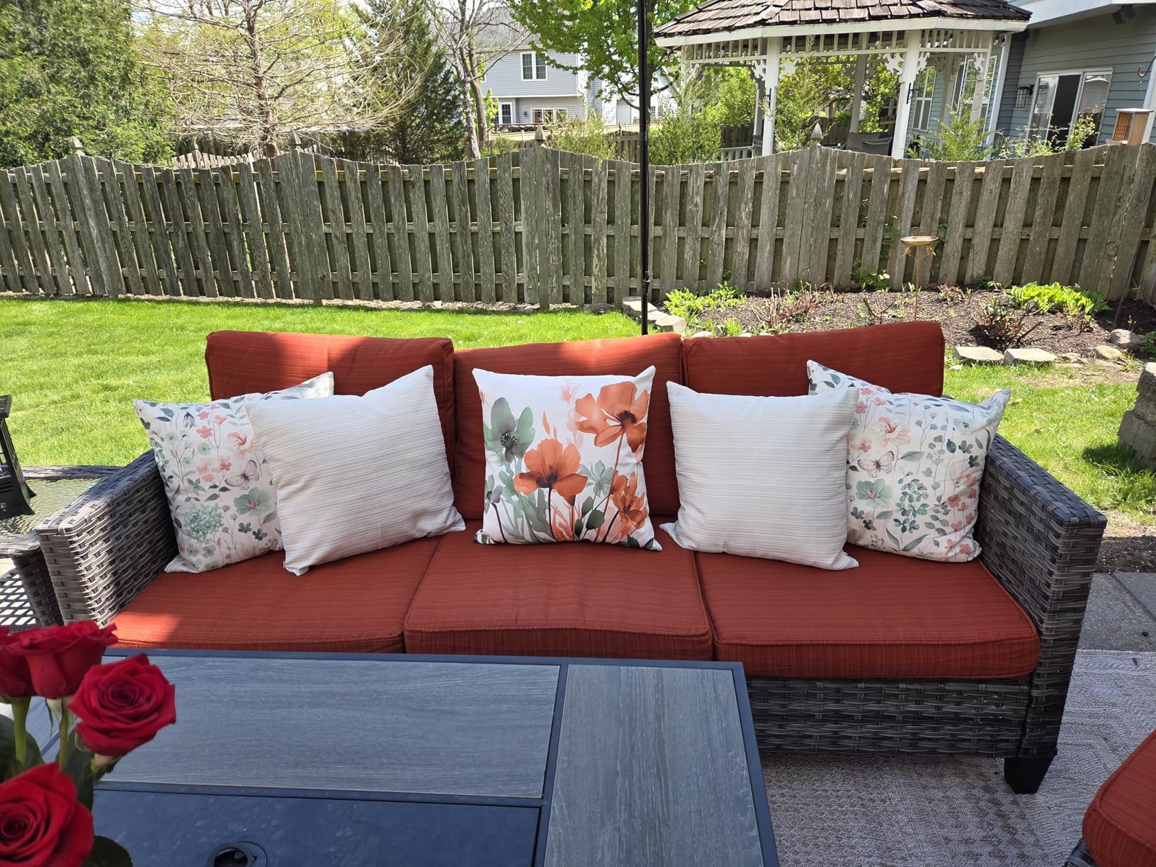 ovios 6 Pieces Patio Furniture Set, Outdoor Wicker Sofa Couch with Rocking Swivel Chairs Comfy Cushions, Modern Deep Seat Rattan Conversation Sets for Deck Porch, Denim Blue customer photo 2