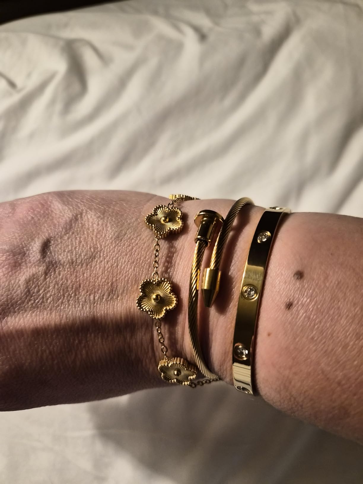 18K Gold Plated Bangle Bracelet Set for Women Stackable Lucky Floral Adjustable Tennis Bracelet Non Tarnish Gift Jewelry for Christmas Valentines Birthday Mother's Day customer photo 2