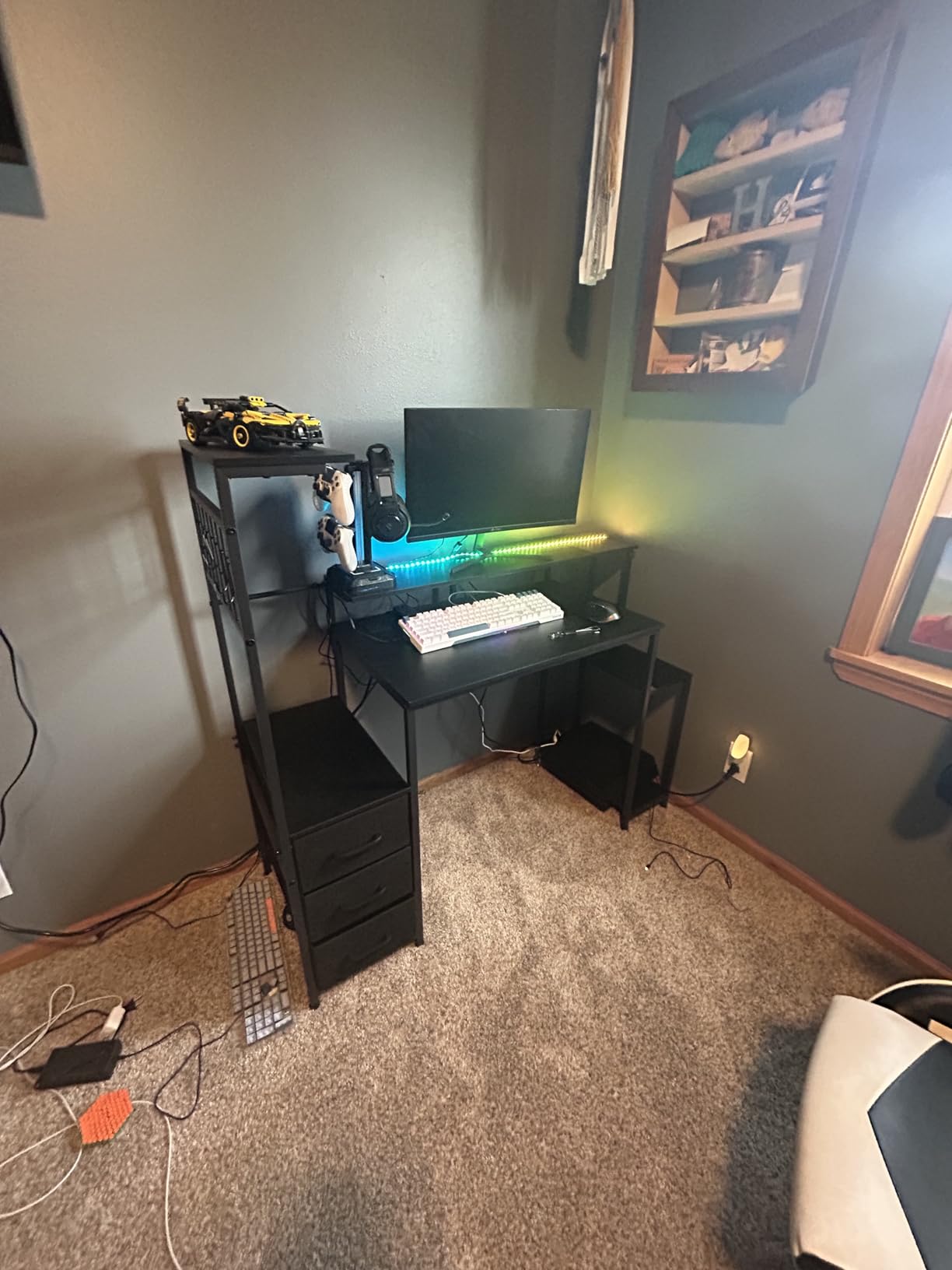 Korfile 48 Inch Gaming Desk with LED Lights & Power Outlets, Computer Desk with Fabric Drawers & Side Hook, Reversible Gamer Table with Monitor Stand for Game Room, Home Office, Carbon Fiber Black customer photo 1
