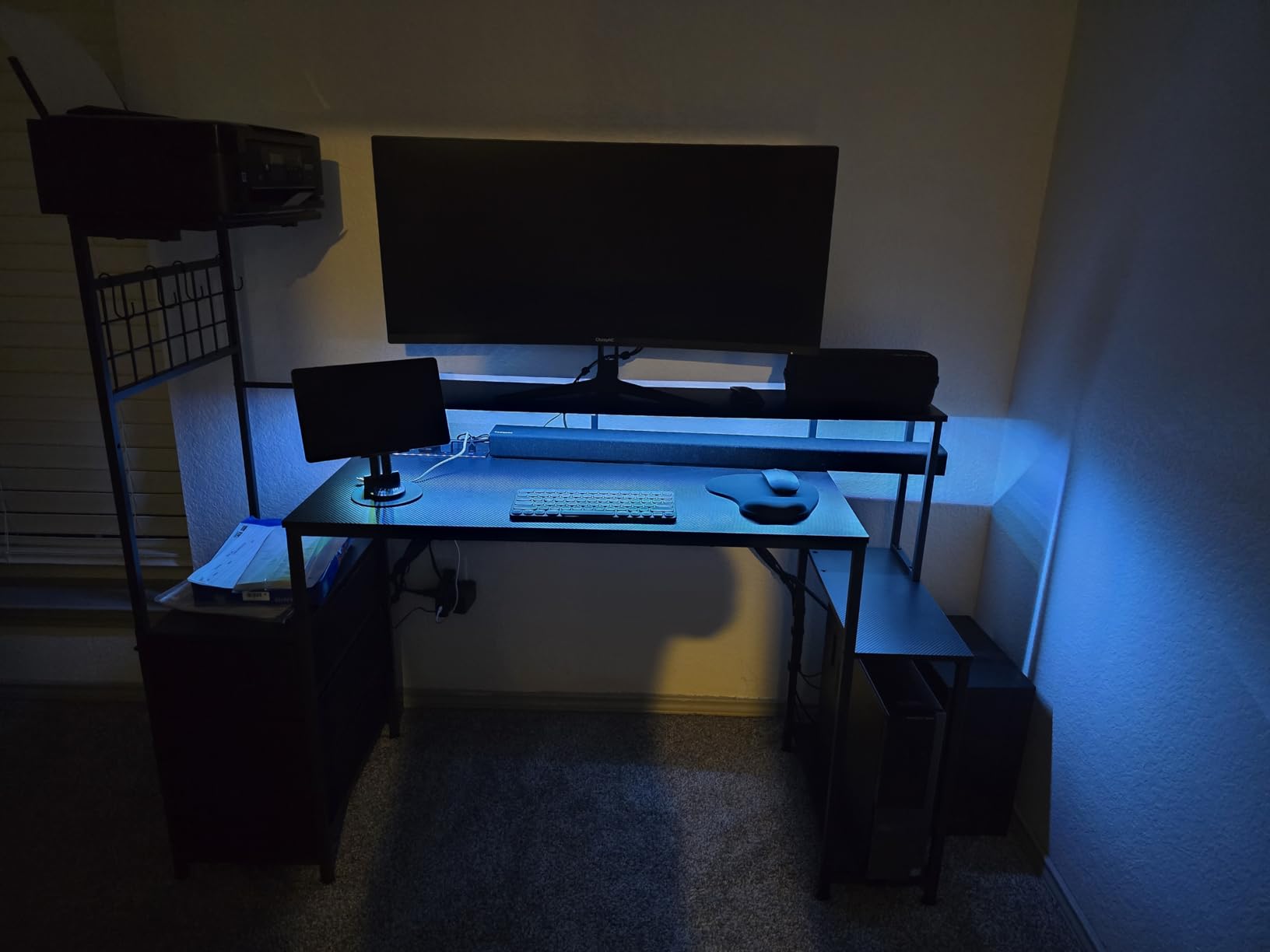 Korfile 48 Inch Gaming Desk with LED Lights & Power Outlets, Computer Desk with Fabric Drawers & Side Hook, Reversible Gamer Table with Monitor Stand for Game Room, Home Office, Carbon Fiber Black customer photo 2