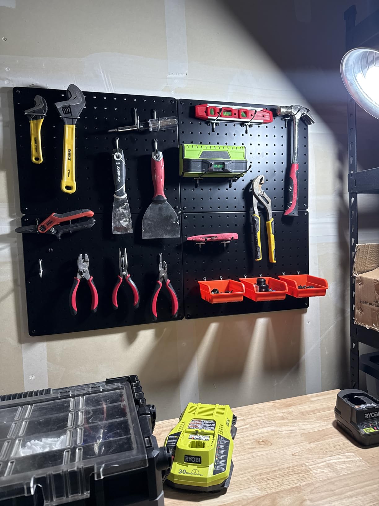 Peg Board, 110pcs Metal Pegboard Kit, Includes 4 Pack Black Peg Board Panels with Accessories and Hook Locks, Large Heavy Duty Peg Boards for Walls Home, Garage Tool Storage, Workbench customer photo 2