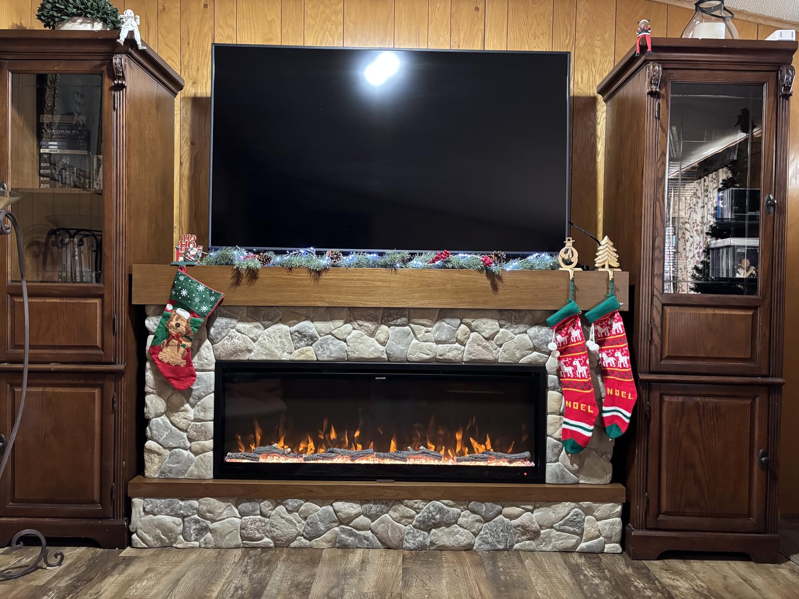 Country Living Brookstone 74 Inch Smart Electric Fireplace Mantel Package | 50 Inch Firebox Insert Heater with Remote | Warm Walnut Shelving | Multi-Color Flames | Alexa/WiFi Enabled customer photo 2