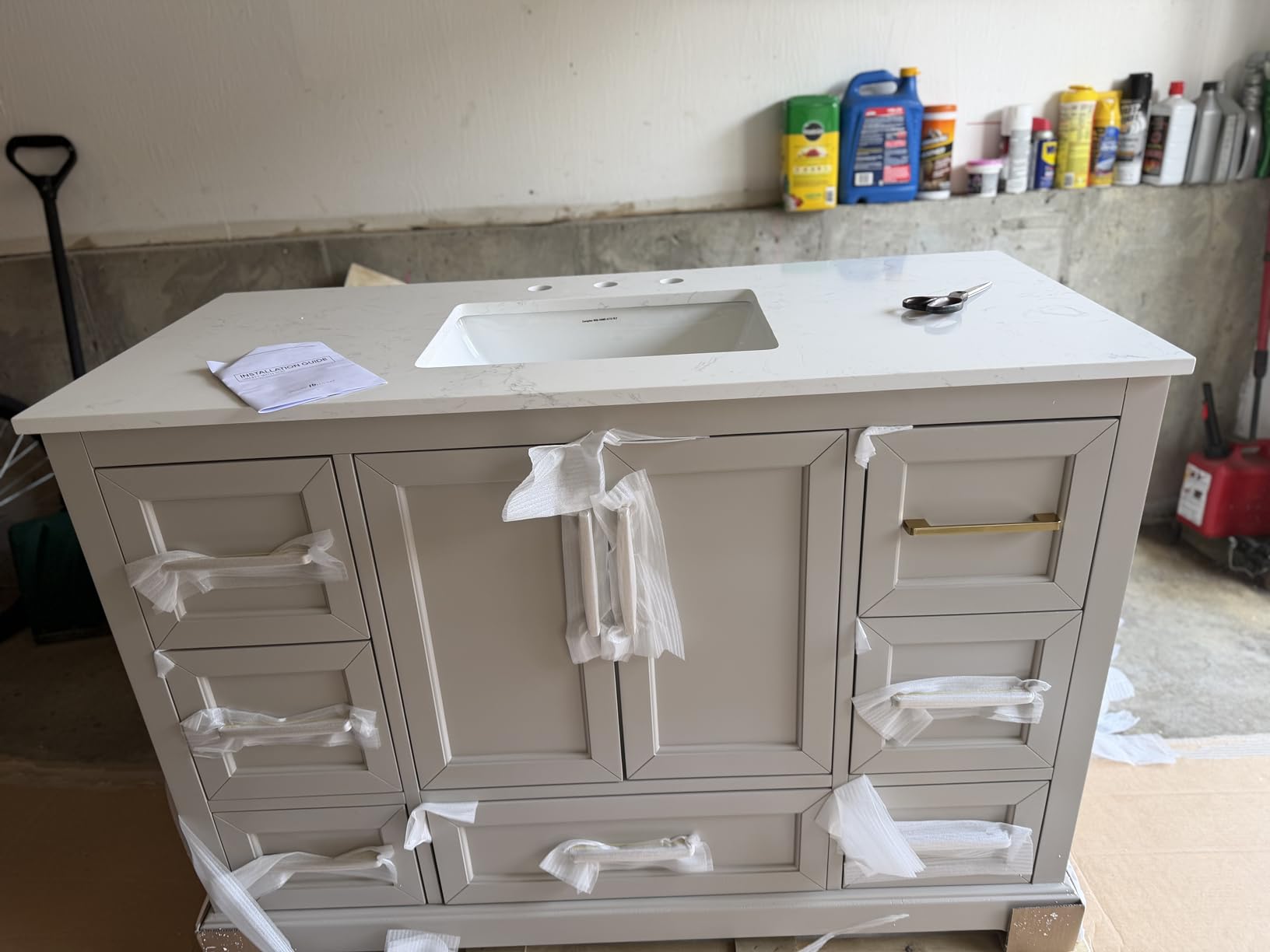 60 Inch Bathroom Vanity with Double Sink Combo, Solid Wood Frame with Marble Top & Backsplash, Fully-Assembled with Soft-Closing Doors & 5 Drawers, Greige customer photo 1
