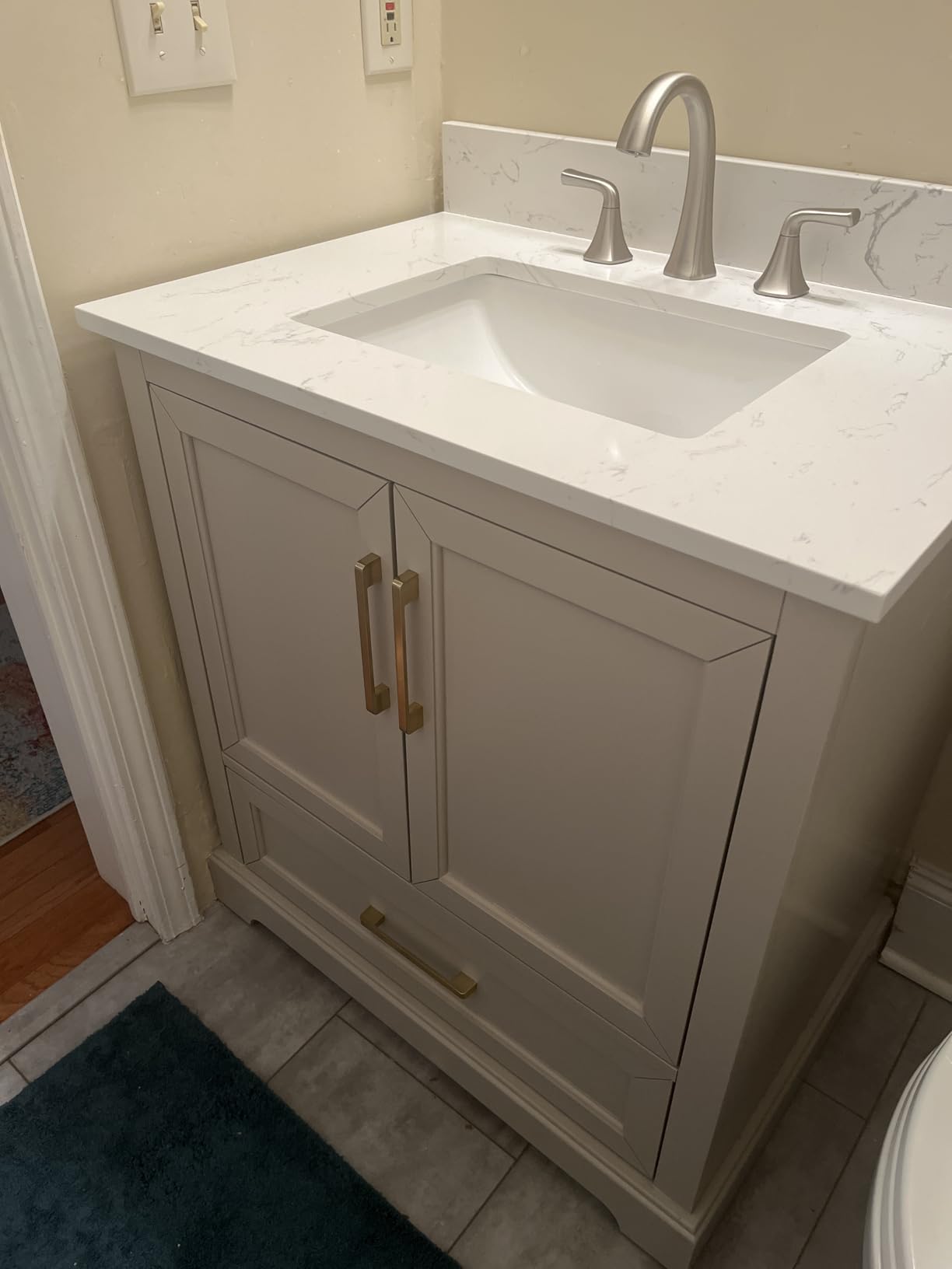60 Inch Bathroom Vanity with Double Sink Combo, Solid Wood Frame with Marble Top & Backsplash, Fully-Assembled with Soft-Closing Doors & 5 Drawers, Greige customer photo 2