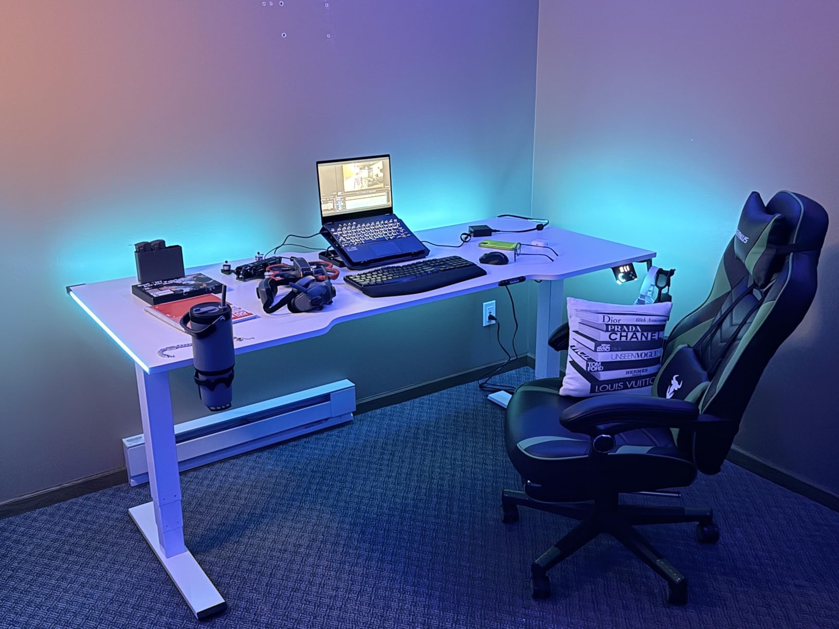 FLEXISPOT E6G CyberX RGB LED Electric Gaming Standing Desk, 55 Inch Dual Motor 3-Stage Adjustable Desk up to 352 lbs, Large Ergonomic Computer Workstation for Gamers, Streamers & Home Studios (White) customer photo 1