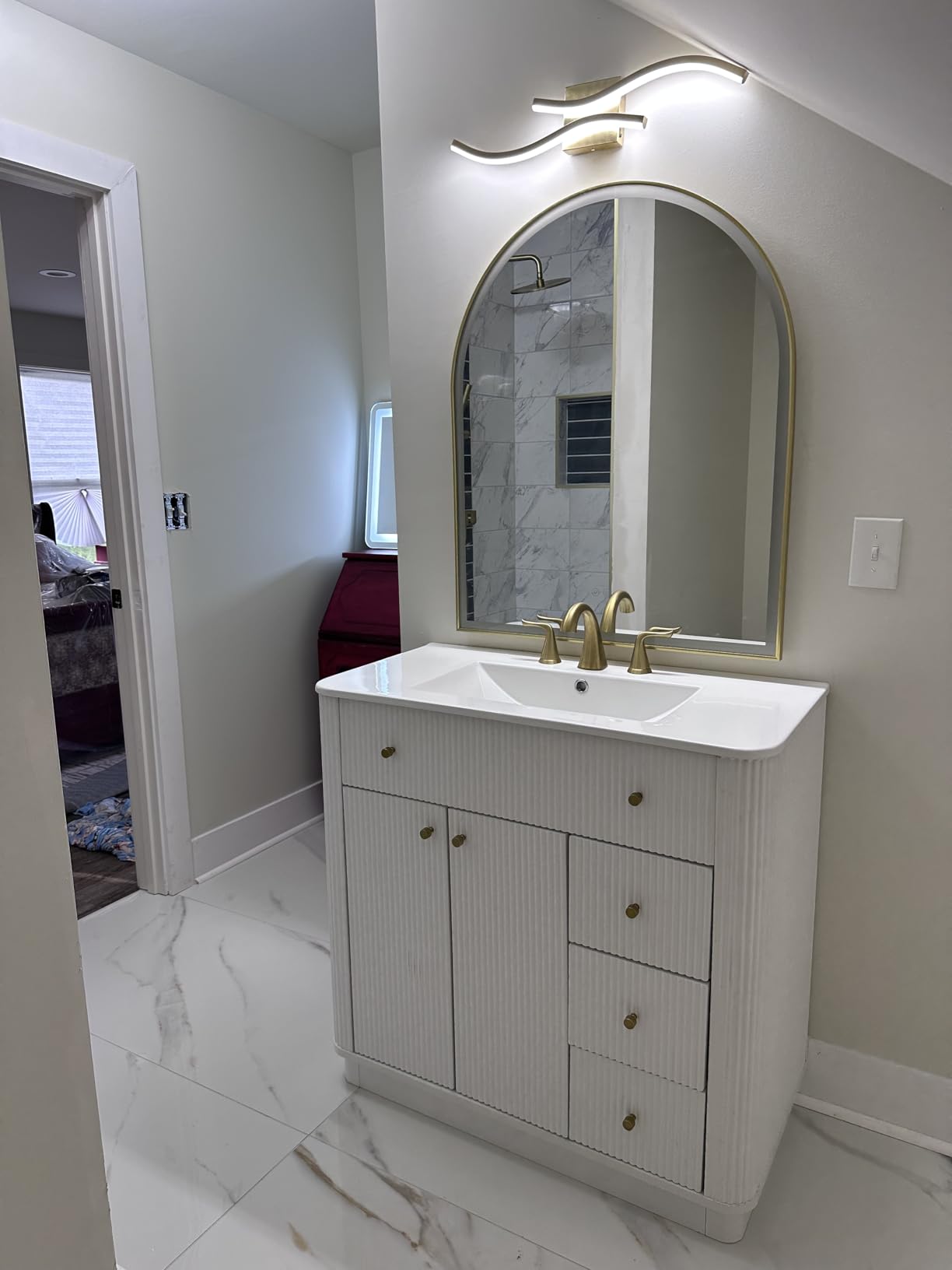 T4TREAM 60 Inch Bathroom Vanity with Sink, Modern Fluted Large Double Sink Bathroom Vanity with 2 Storage Cabinets, Adjustable Shelf, and 3 Small Drawers, Dark Walnut customer photo 2