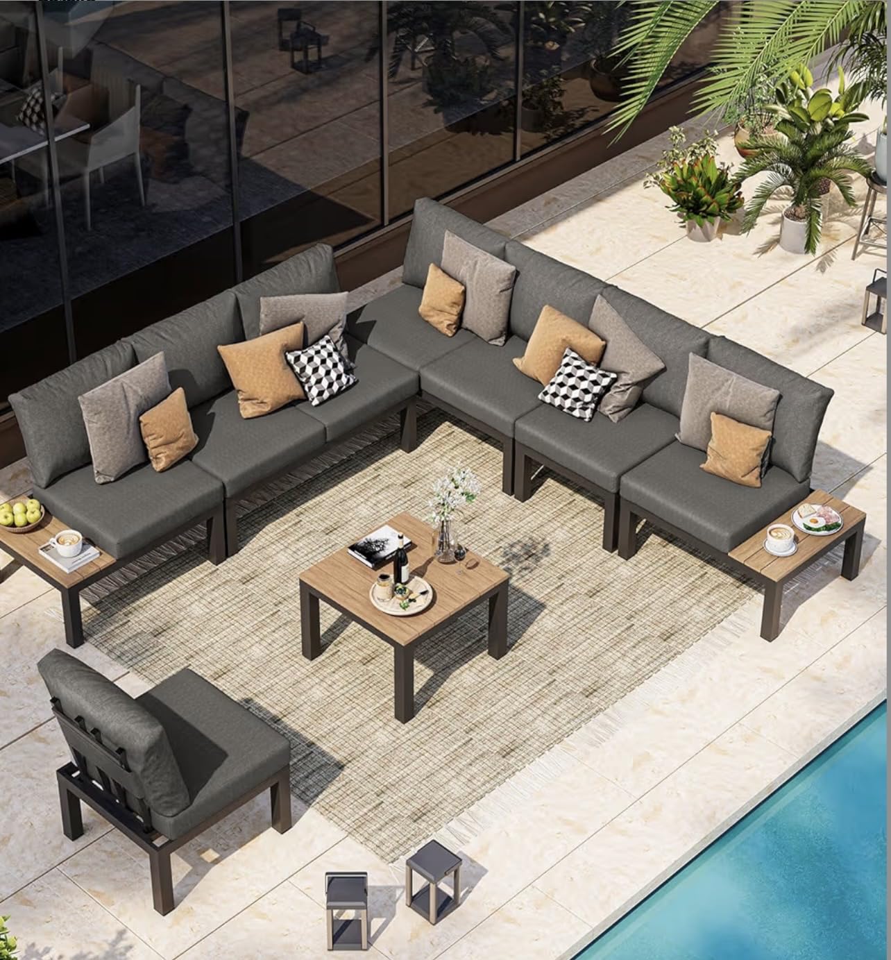 Aluminum Modular Outdoor Patio Furniture Set, 6 Seats Sectional Sofa Set with Adjustable Backrest & Thick Cushions, All-Weather L-Shaped Corner Set with Table for Garden & Yard, Gray customer photo 1