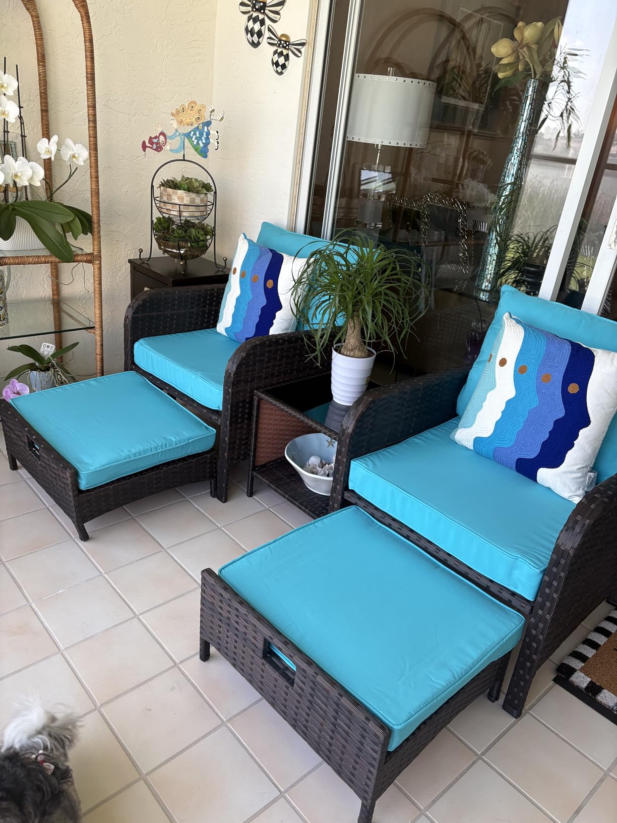 LEVELEVE Patio Conversation Set 5 Piece, Balcony Furniture Outdoor PE Rattan Wicker Lounge Chairs with Soft Cushions, 2 Ottomans & Glass Table for Porch Lawn, Brown (Khaki Cushions) customer photo 1