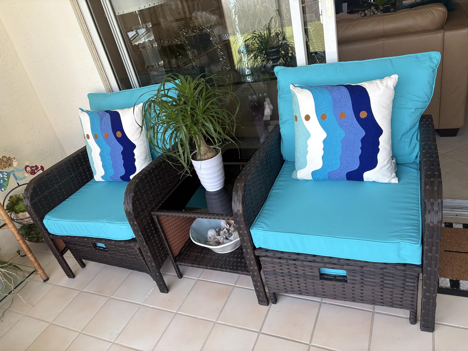 LEVELEVE Patio Conversation Set 5 Piece, Balcony Furniture Outdoor PE Rattan Wicker Lounge Chairs with Soft Cushions, 2 Ottomans & Glass Table for Porch Lawn, Brown (Khaki Cushions) customer photo 2