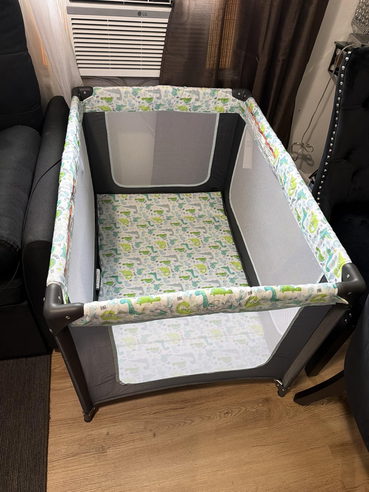 Dream On Me Zodiak Baby Playard, Breathable Mesh Sides, Soft Comfortable Mattress, Quick & Easy to Fold with Travel Carry Bag, Compact Space Saving Design - Grey/Green customer photo 2