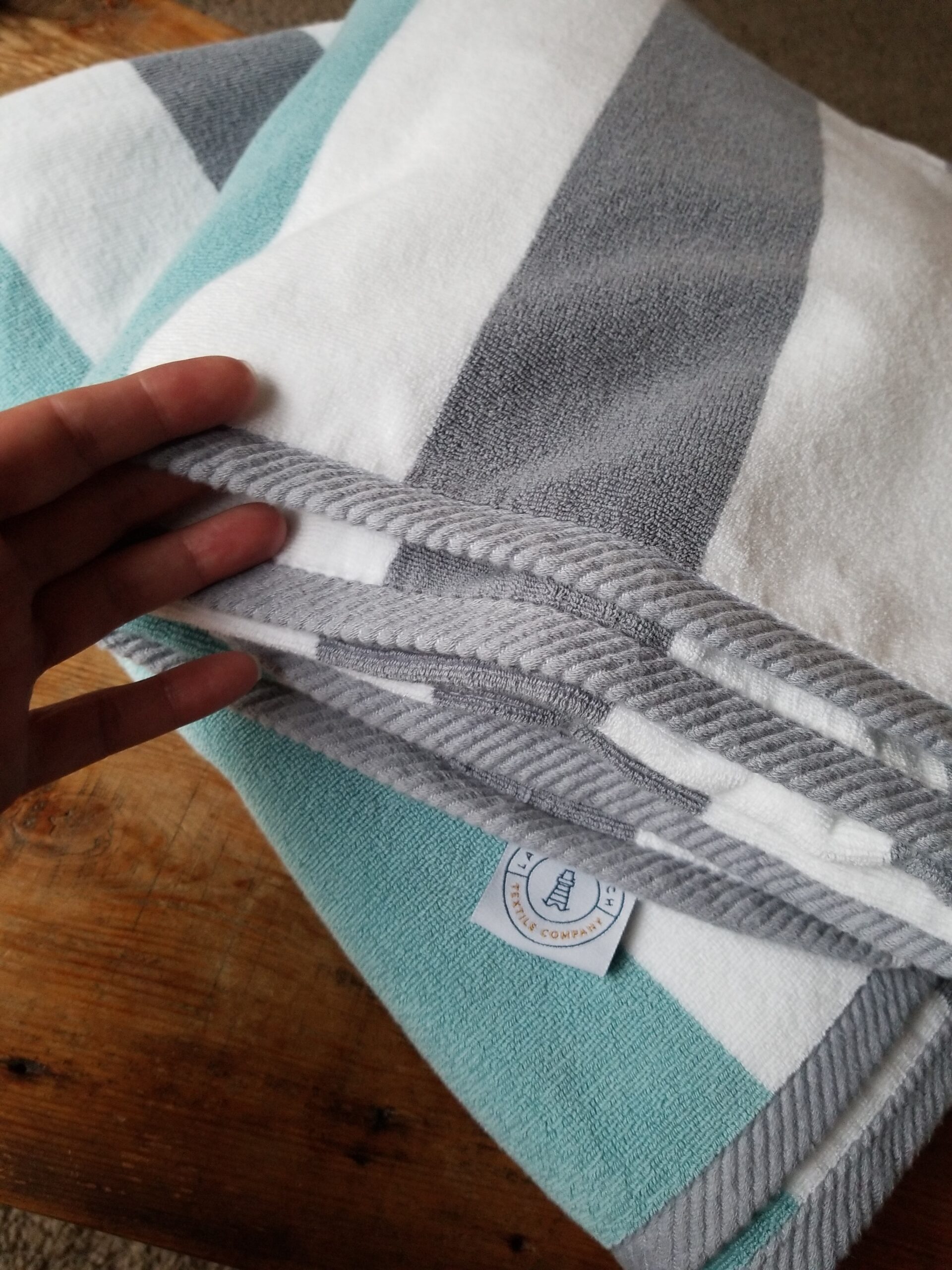 Laguna Beach Textile Co. Striped Cabana Beach Towel - Oversized, Plush 630 GSM Cotton - Ocean Blue and Almond Beige customer photo 2
