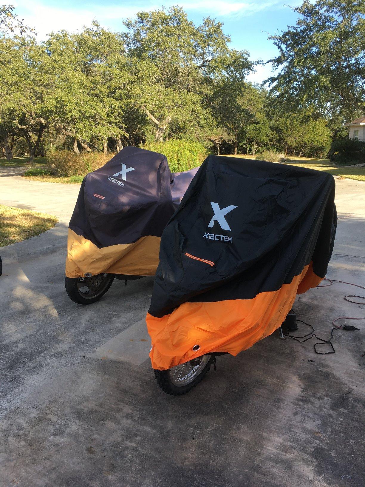 XYZCTEM Motorcycle Cover - All Season Waterproof Outdoor Protection - Fit up to 116 inch Tour Bikes, Choppers and Cruisers - Protect Against Dust, Debris, Rain and Weather(XXXL,Black& Orange) customer photo 2