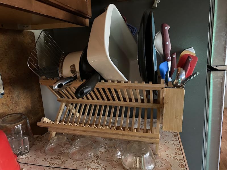 HBlife Dish Rack, Bamboo Folding 2-Tier Collapsible Drainer Dish Drying Rack with Utensils Flatware Holder Set customer photo 2