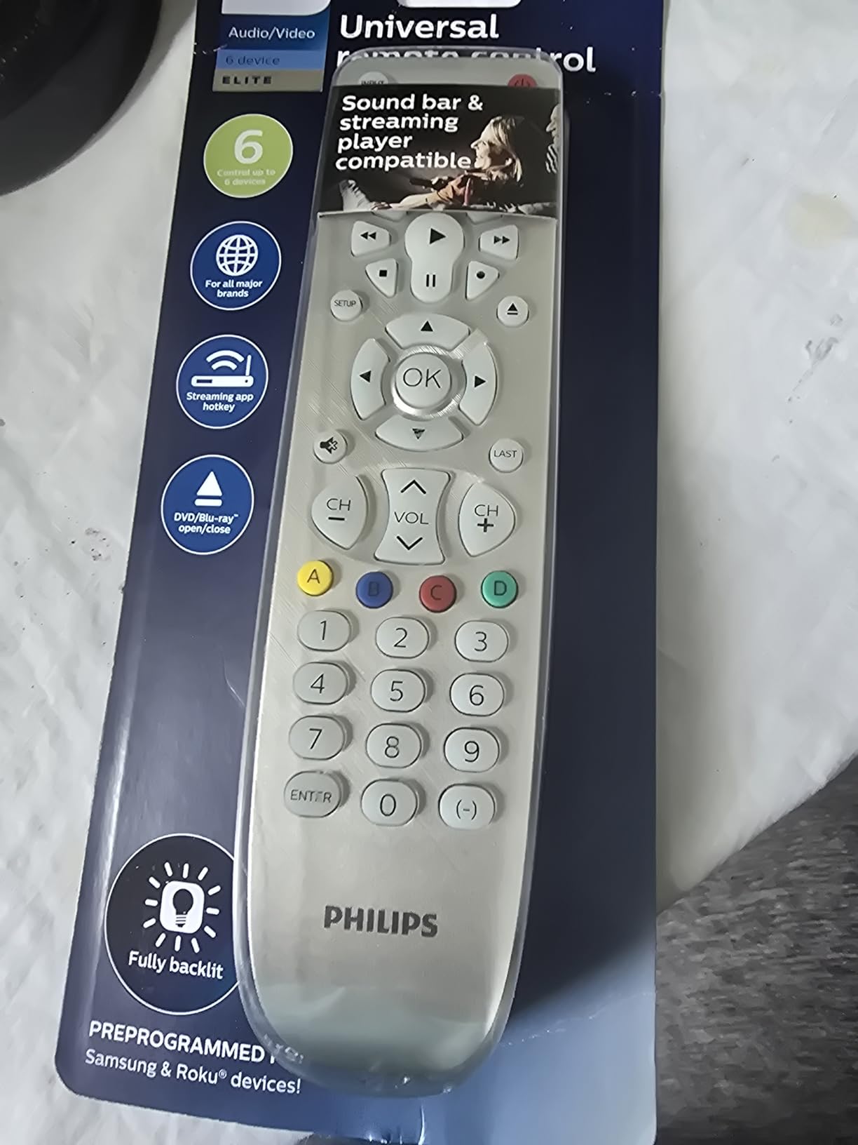 Backlit Universal Remote Control by Philips, Works for Samsung, Vizio, TCL, HiSense, Sony, RCA, Panasonic, Roku, Apple TV, Smart TVs, Streaming Players, Blu-Ray, DVD, 6-Device, Silver, SRP3016S/27 customer photo 1