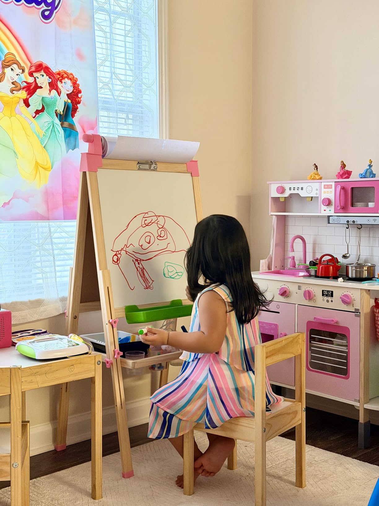 JOYOOSS Kids Wooden Easel with Paper Roll - Adjustable Magnetic Double Sided Drawing Board Whiteboard & Chalkboard Dry Easel Board, Children Art Easel for 3~12 Years Kids customer photo 1