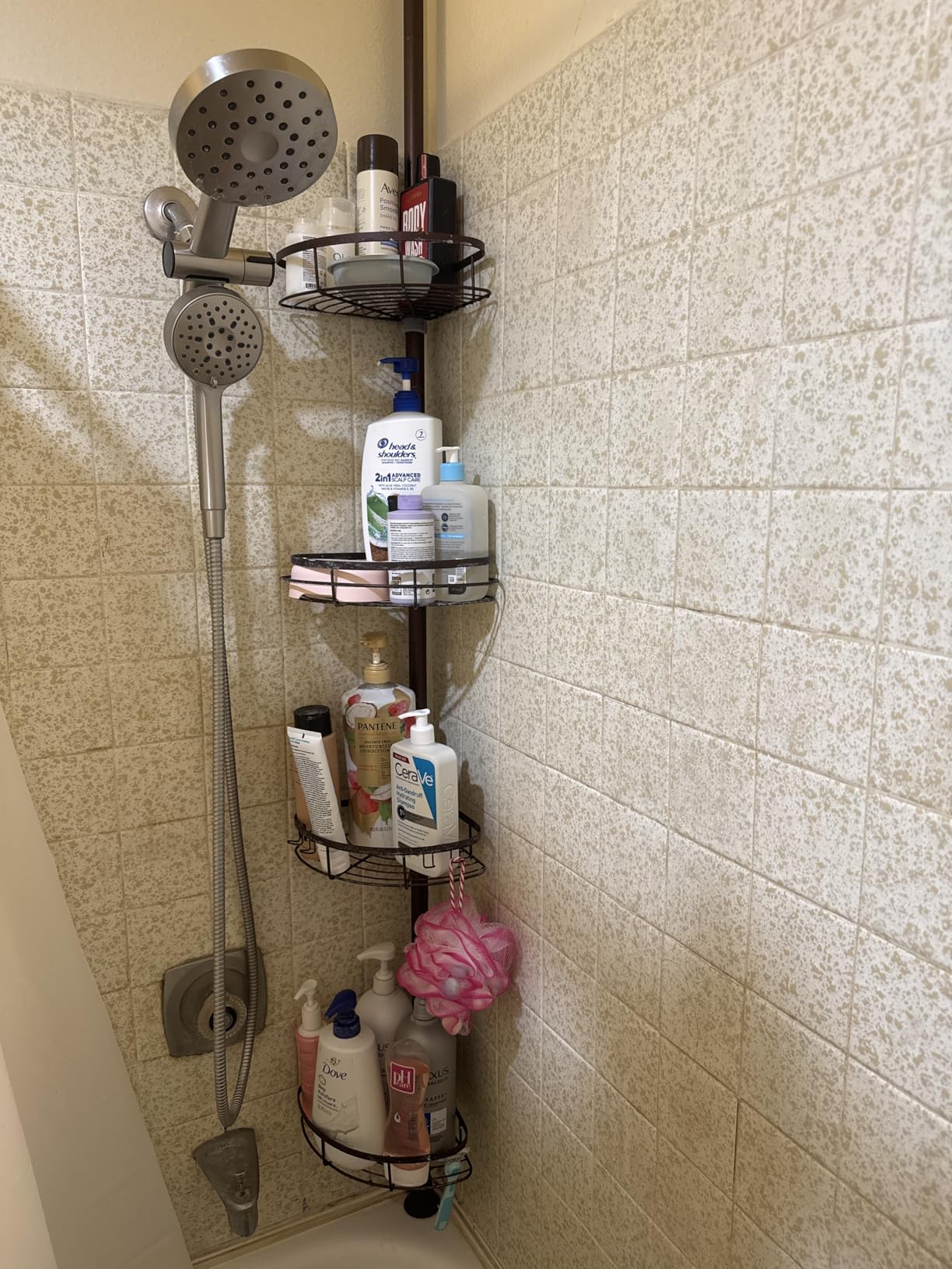SEIRIONE Rustproof Shower Corner Caddy Organizer for Bathroom, 4 Adjustable Shelves with Tension Pole, for Bathtub Shampoo Accessories Storage Holder, 34 to 116 Inch Height, Silver customer photo 2