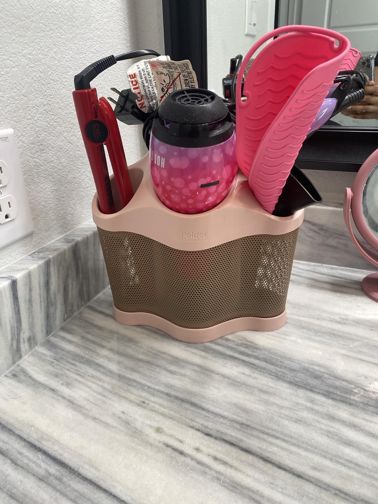 Polder Style Station, Hair Tool Organizer for Hair Dryer, Curling Iron, and Hair Straightener, Easy-to-Store Hair Styling Station, Blush and Bronze customer photo 2