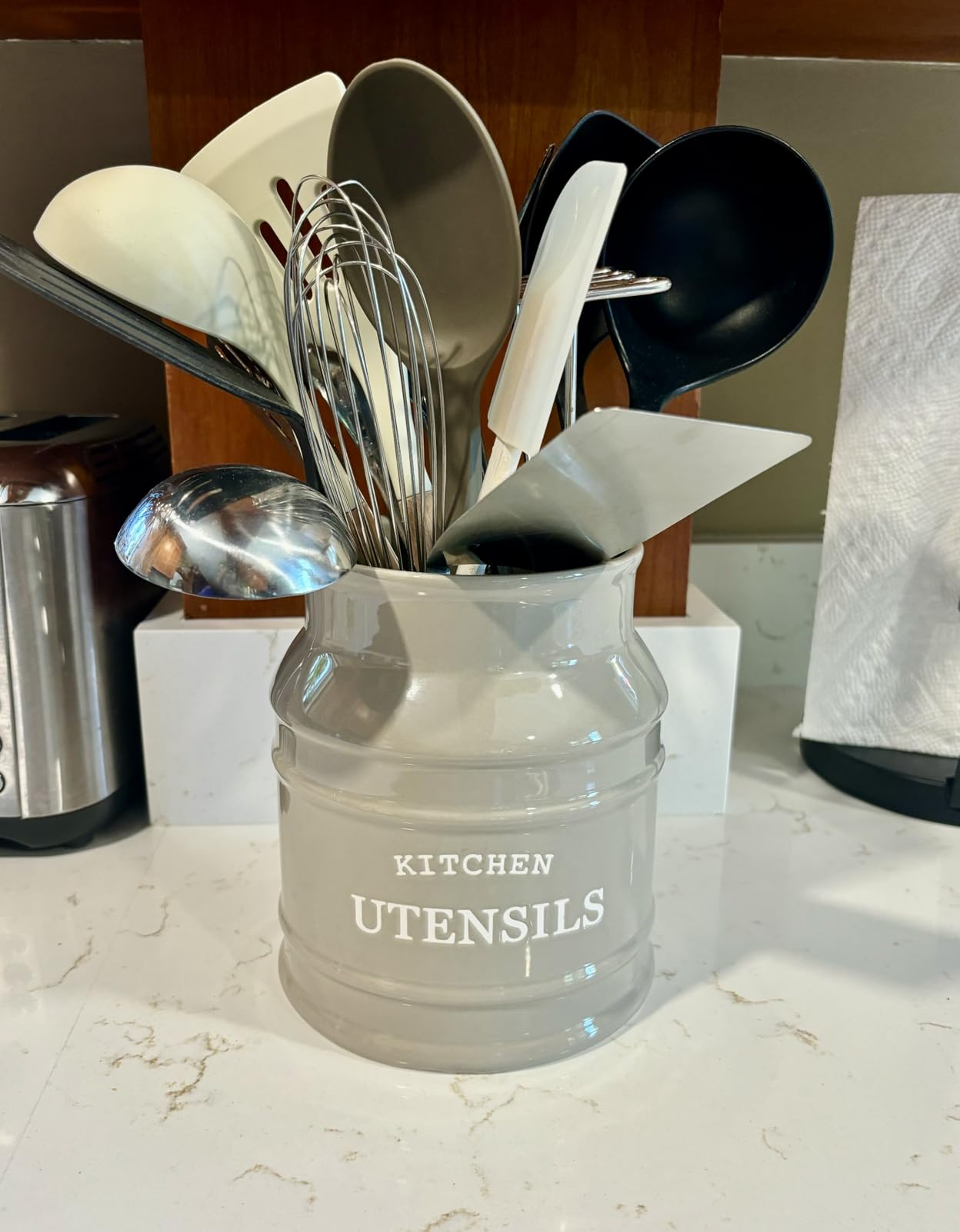 Barnyard Designs Ceramic Farmhouse Utensil Holder for Kitchen Counter, Large Rustic Utensil Crock, Countertop Cooking Tool Spatula Organizer, 6.75
