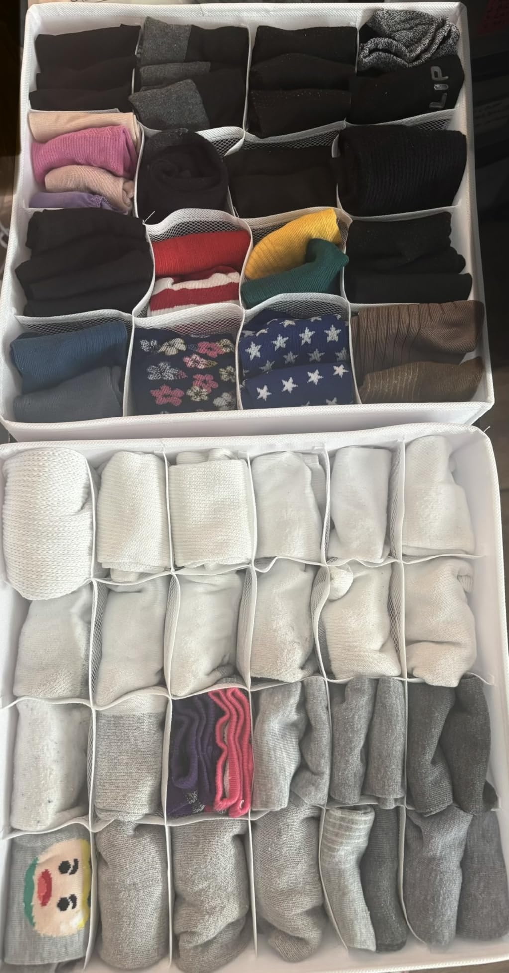 Criusia 3 Pack Sock Underwear Drawer Organizer Dividers, 64 Cell Fabric Foldable Dresser Organizer for Closet Organizers and Storage Boxes for Organizing Socks, Underwear, Ties (16+24+24 Cell, Gray) customer photo 1