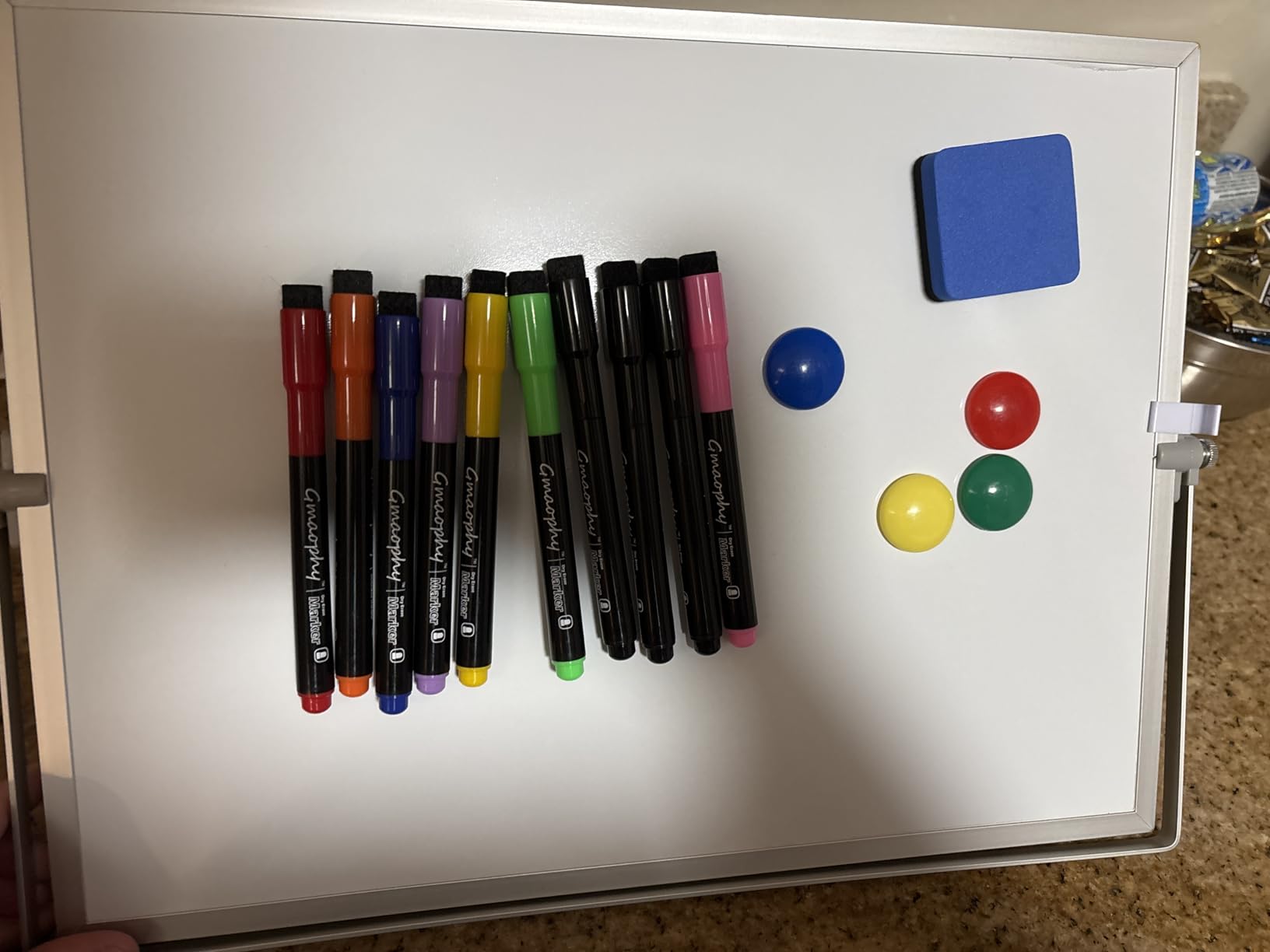 GMAOPHY Dry Erase White Board, 16inX12in Large Magnetic Desktop Whiteboard with Stand, 10 Markers, 4 Magnets, 1 Eraser, Portable Double-Sided White Board Easel for Kids Memo to Do List Desk School customer photo 2