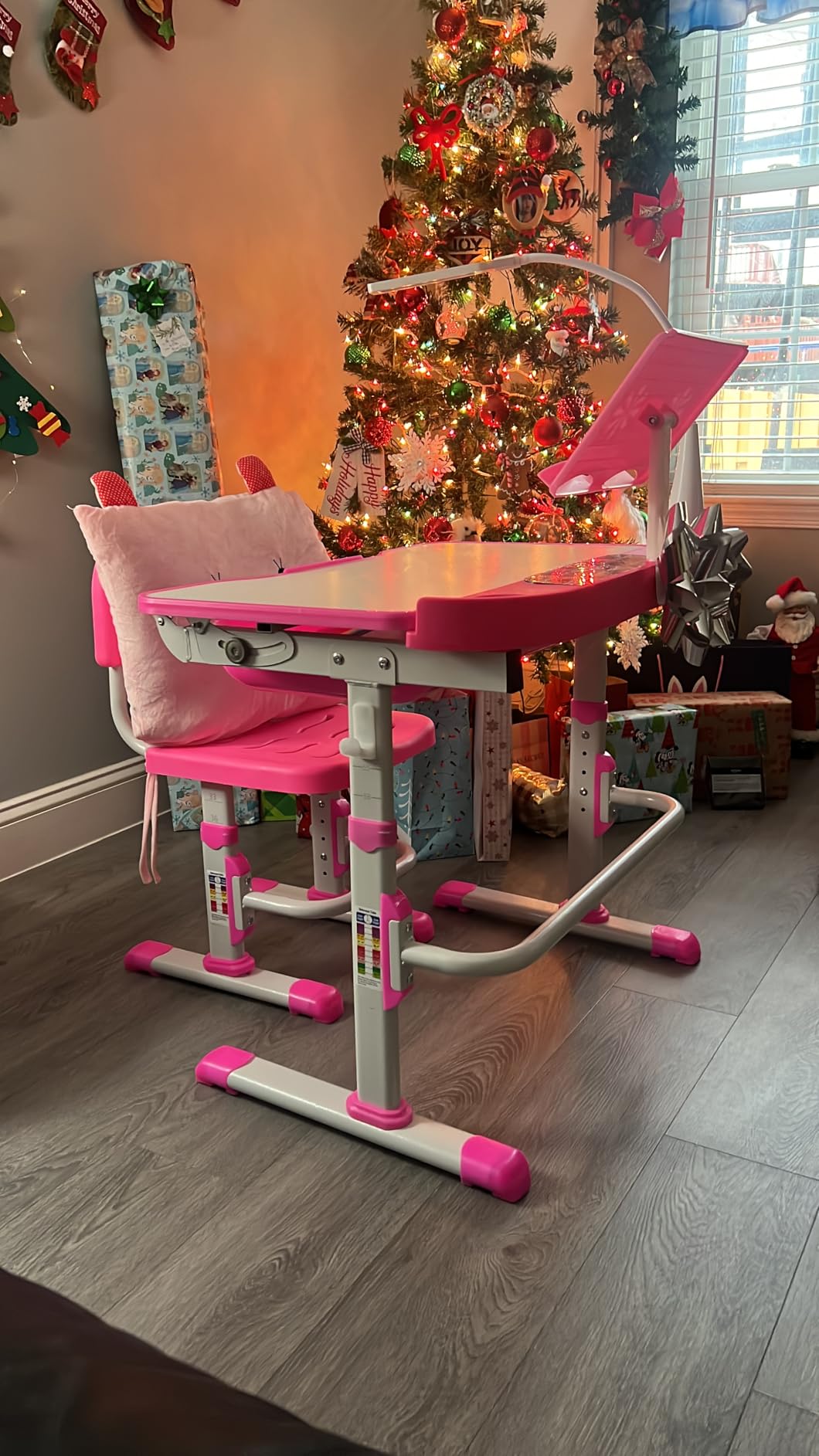 SMAGREHO Kids Desk and Chair Set, Height Adjustable Child's School Study Writing Tables with Tilt Desktop, LED Light, Storage Drawer, Book Stand (Blue) customer photo 1