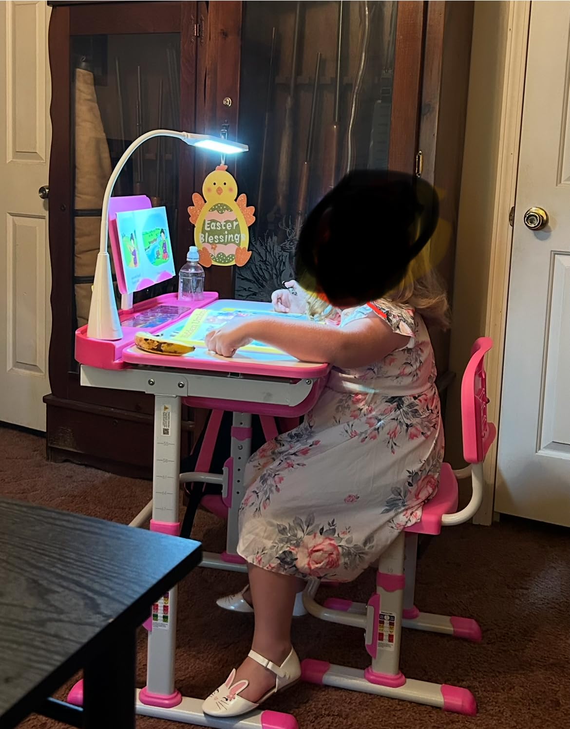 SMAGREHO Kids Desk and Chair Set, Height Adjustable Child's School Study Writing Tables with Tilt Desktop, LED Light, Storage Drawer, Book Stand (Blue) customer photo 2